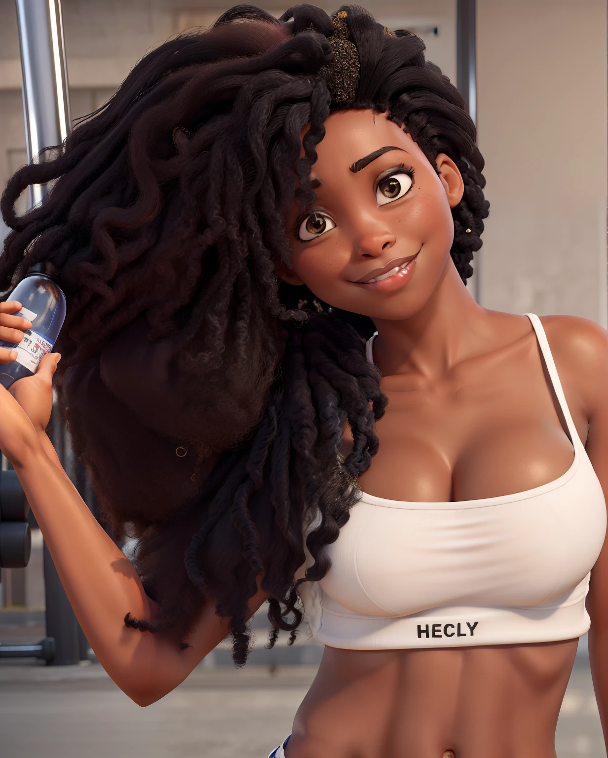 Beautiful Black Woman Coming Out Of A Photo Shoot In Gym Clothes Holding A Bottle Of Mineral Water With Her Afro Hair And Her Sexy Athletic Body Waving To Someone Across The Street