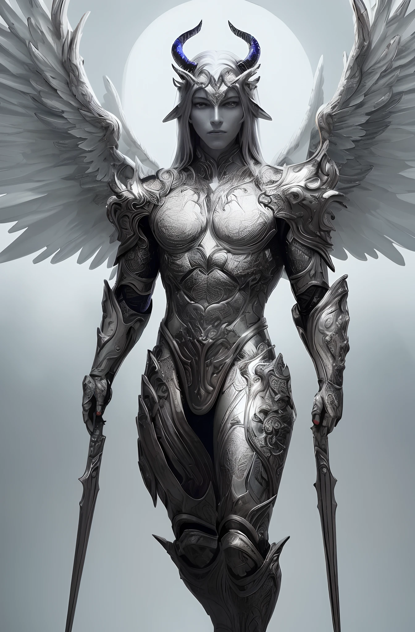 a close up of a statue of an angel with wings, full - body majestic angel, winged human, epic angel wings, hyperdetailed fantasy character, archangel, detailed fantasy digital art, trending digital fantasy art, fit male demon with white horns, amazing fantasy art, 8k high quality detailed art, angel in plastic armor, 4k highly detailed digital art