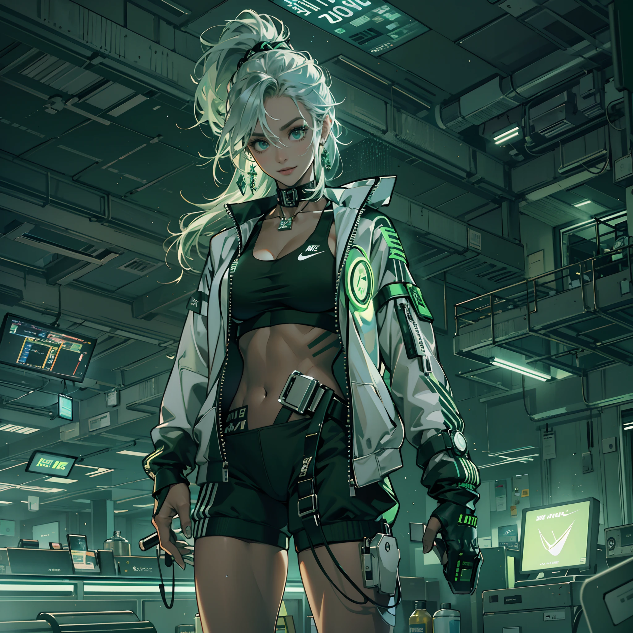 Best quality,tmasterpiece,Ultra-high resolution fills the picture,Indoor at night,the night,Indoor neon lights,Green color scheme,Intense grass green,Silvery-white hair,Green black leggings,green and black color scheme,Sporty skirts,the complex background,Gym interior background,Weight instruments in the background,High-tech screen in the background,Lateral face,Smiling,Dress less,There are fitness elements in the rear,nike,nike,nike,Tech gym,Perfect makeup,Love eyes,8K quality,Cyberpunk,sense of science and technology,Character backlighting,rim-light,Movement changes,Flowing hairstyle,Loose hairstyle,The number of fingers is refined,Full body in camera,9 doppelganger diagram,Luminous stud earrings,Luminous digital necklace,Electronic digital watches,The most beautiful girl in mankind,Delicate close-up of the face,Realistic image quality,Super light and shadow,Very good figure,Meticulous,Arrow symbol,Brand sense,English slogan neon,Runway lights,Fitness gym at night,Very good figure,Raised sexy,luminous,Faraway view,Full body in camera,独奏,There is only one character,femele