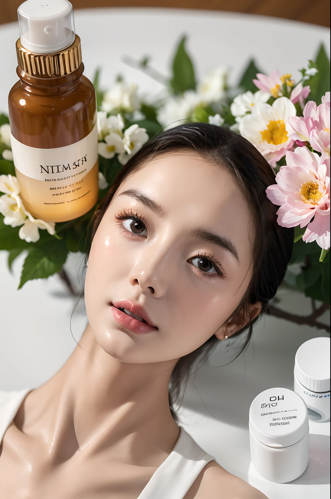 (Best quality,4K,8K,A high resolution,Masterpiece:1.2),Ultra-detailed,(Realistic,Photorealistic,photo-realistic:1.37),A close-up of a bottle of cleansing oil and a selection of flowers, Clean face and body skin, Skincare, skin care, Take a picture of your skincare brand, Product photography, professional product shot, products shot, products shot, product display photograph, professional product photo, products shot, Minimalist design, photo product, natural skin tones, Clean gloss, natural skin tones, miniature product photo