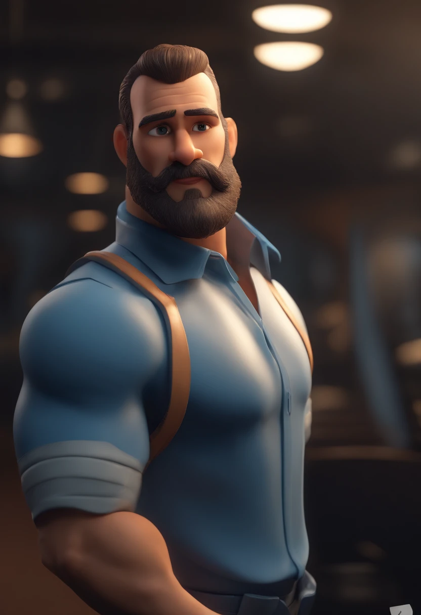 Personagem de desenho animado de um homem de 30 anos personal trainer loiro com barba e uma camisa azul, animation character, Caractere estilizado, animation style rendering, 3D estilizado, Arnold Maya render, 3 d render stylized, toon render keyshot, Personagem 3D, Personagem 3D, 3d rendering stylized, 3 d character render, personagem de desenho animado, Personagem de close up, Pose de personagem, (Estilo Pixar) (master part:1.2) (Bokeh) (best quality) (pele detalhada) (textura detalhada) (8k) (argila) (Cinematic lighting) (foco nítido