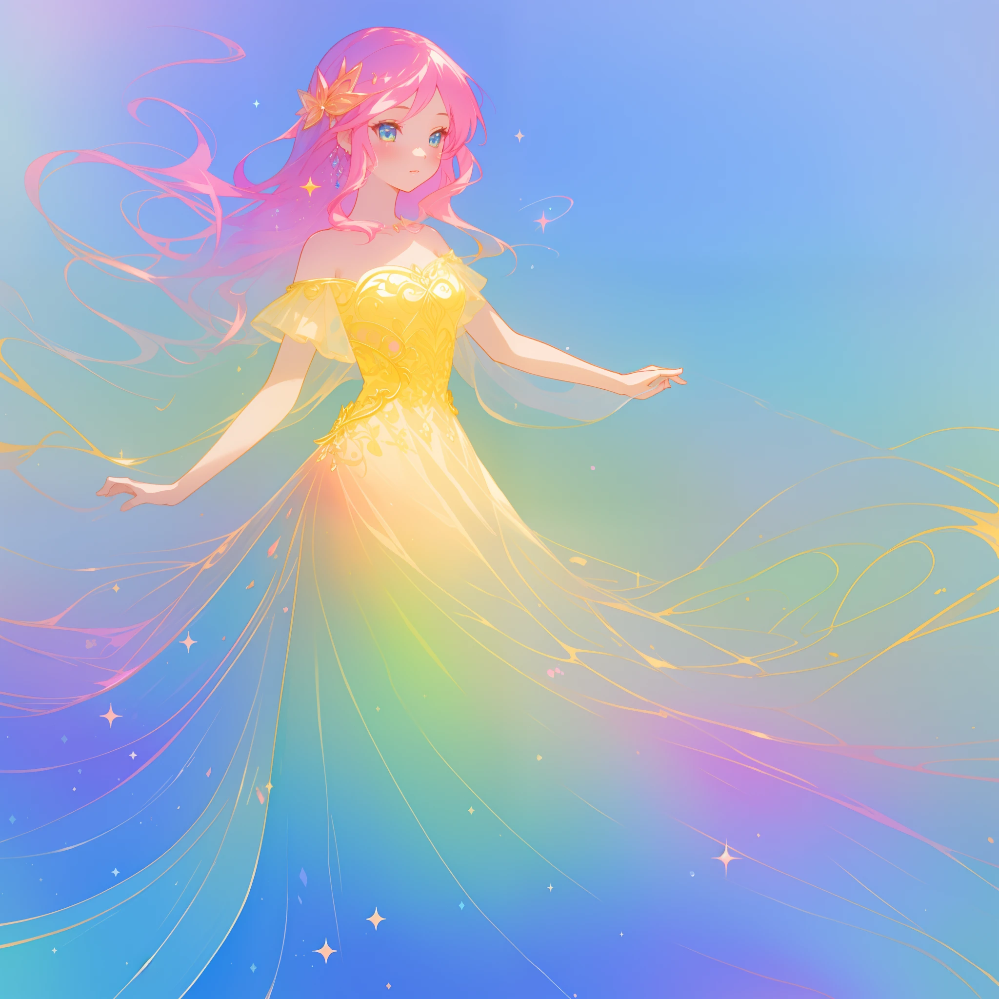 beautiful girl in flowing multi-layered rainbow gradient ballgown, sparkling flowing ballgown, sparkling, long flowing pink hair, vibrant pastel colors, colorful, watercolor illustration, masterpiece, best quality, sharp focus, intricate detail, highly detailed, 8k resolution, ((beautiful face)), golden ratio, perfection, fantasia background, otherworldly, whimsical, magical
