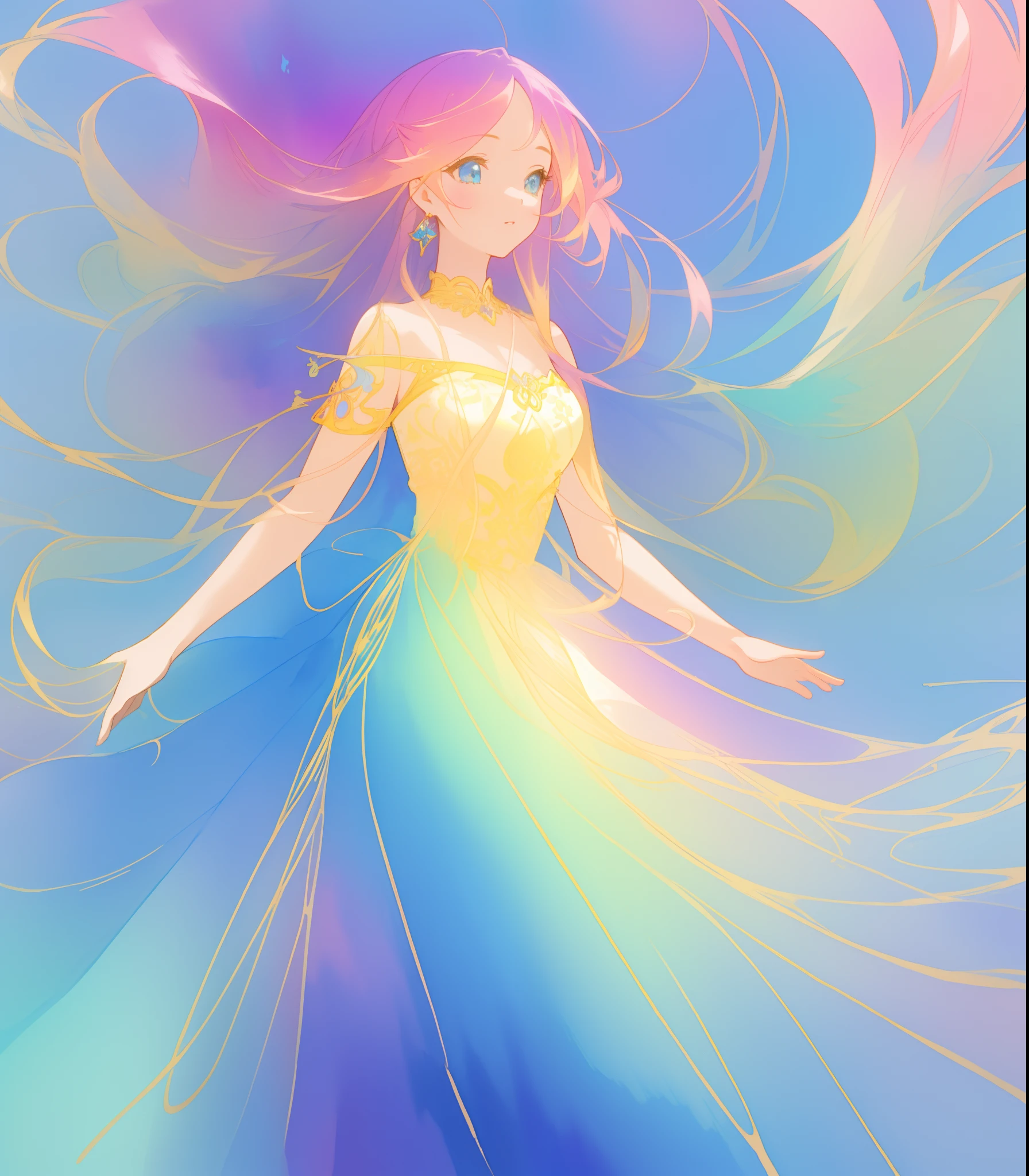 beautiful girl in flowing multi-layered colorful ballgown, long flowing colorful hair, vibrant pastel colors, colorful, watercolor illustration, masterpiece, best quality, sharp focus, intricate detail, highly detailed, 8k resolution, beautiful face, golden ratio, perfection, fantasia background, otherworldly, whimsical, magical
