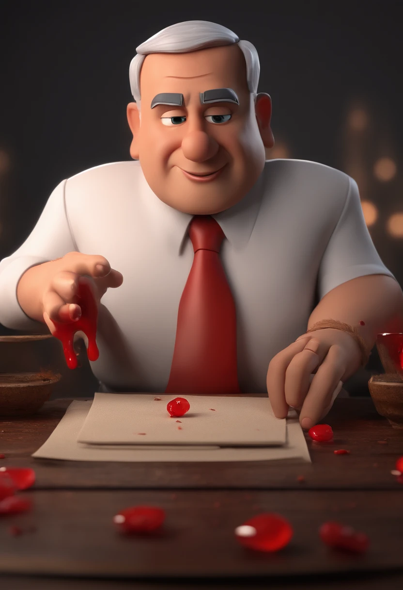 Cartoon character of Benjamin Netanyahu with blood on his hands, animation character, Caractere estilizado, animation style rendering, 3D estilizado, Arnold Maya render, 3 d render stylized, toon render keyshot, Personagem 3D, Personagem 3D, 3d rendering stylized, 3 d character render, personagem de desenho animado, Personagem de close up, Pose de personagem, (Estilo Pixar) (master part:1.2) (Bokeh) (best quality) (pele detalhada) (textura detalhada) (8k) (argila) (Cinematic lighting) (foco nítido