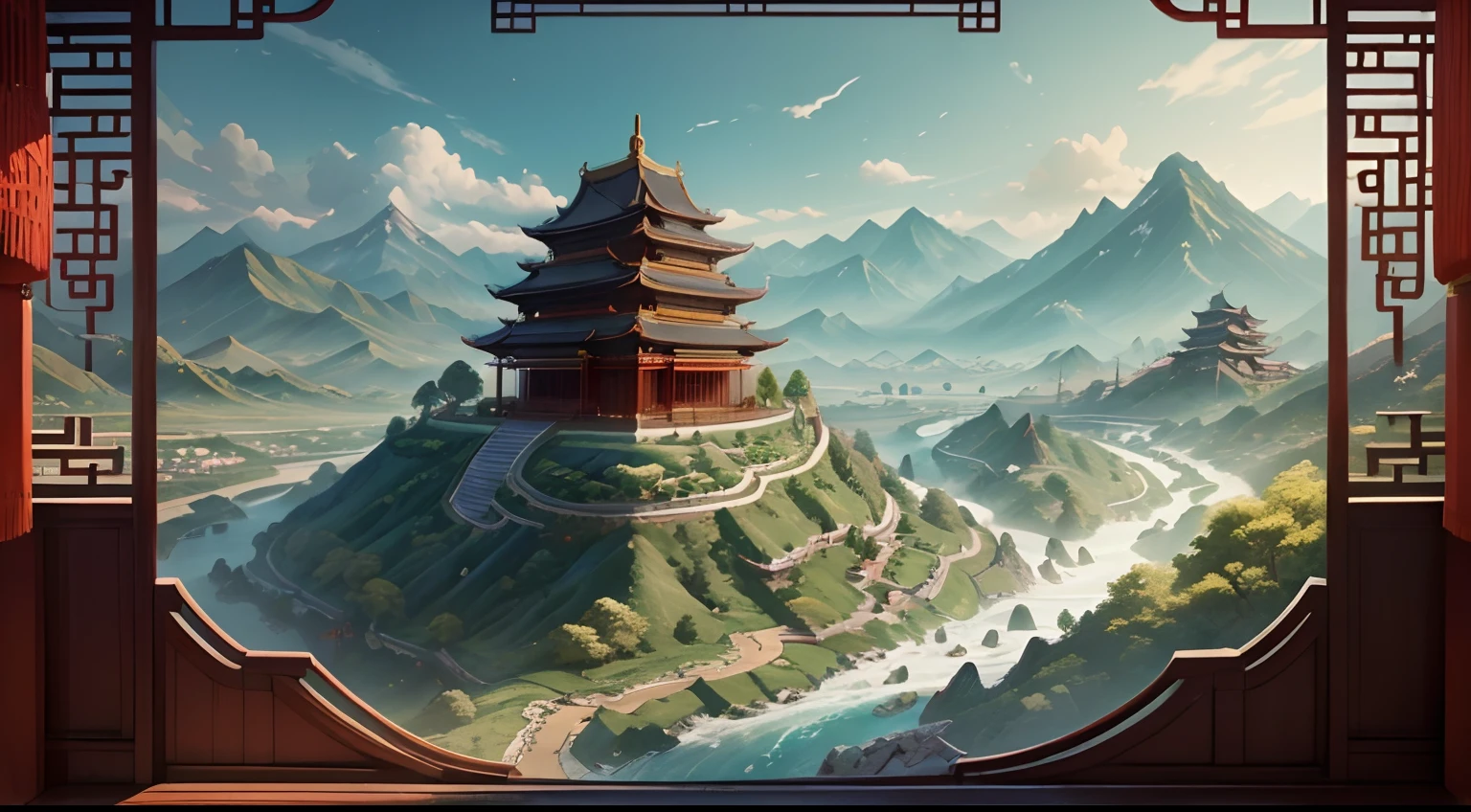 A landscape with mountains and rivers of parchment in the style of ((chino antiguo)) pagoda & Mountains A ((Little Chinese Dragon)) ((muralla china))