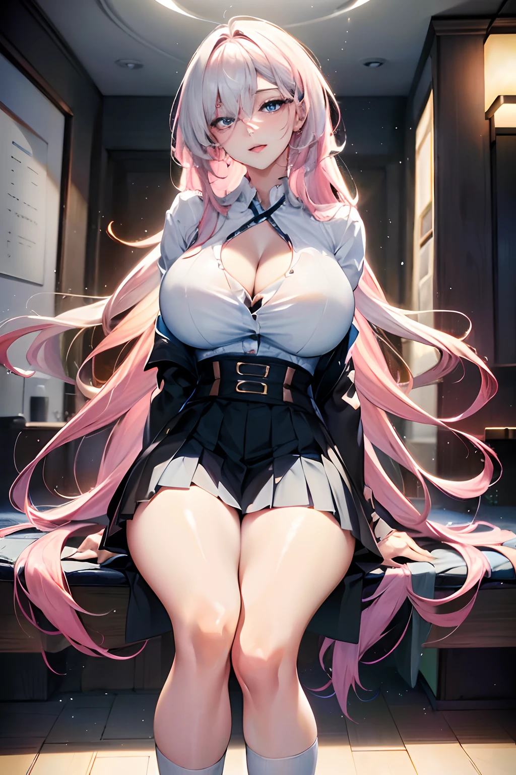 Official fine art,tmasterpiece,Sharp Focus,(Beautiful gorgeous lovely korean woman:1.3),(Beautiful lovely Korean:1.3),Korean beauty,Delicate Beautiful Hair and Eyes and Face,realisticlying,ultra - detailed,a beauty girl,Glowing White Particles,(side lights:1.2),slender,Cute big breasts and big buttocks,Toothy laughter,((Laugh and open your eyes)),scenecy,Long straight hair, sexy facial expression, Dynamic Hair, Long straight hair, Delicate platinum-pink hair, glow blue eyes, (Blue pleated shirt+white skirt), long white socks, paleskin, hair adornments, Official fine art,tmasterpiece,Sharp Focus,(best qualtiy, 8K, tmasterpiece:1.3,Delicate Beautiful Hair and Eyes and Face,realisticlying,ultra - detailed,a beauty girl, Focus:1.2, The best figure to sit on the bed:1.4,White shirt,a black pleated skirt,Raise your legs high,White knee-length socks,legs are open,Foot height,Realistic details,black colored hair,female high-school student,Lori huge breasts cleavage,Lower body visible