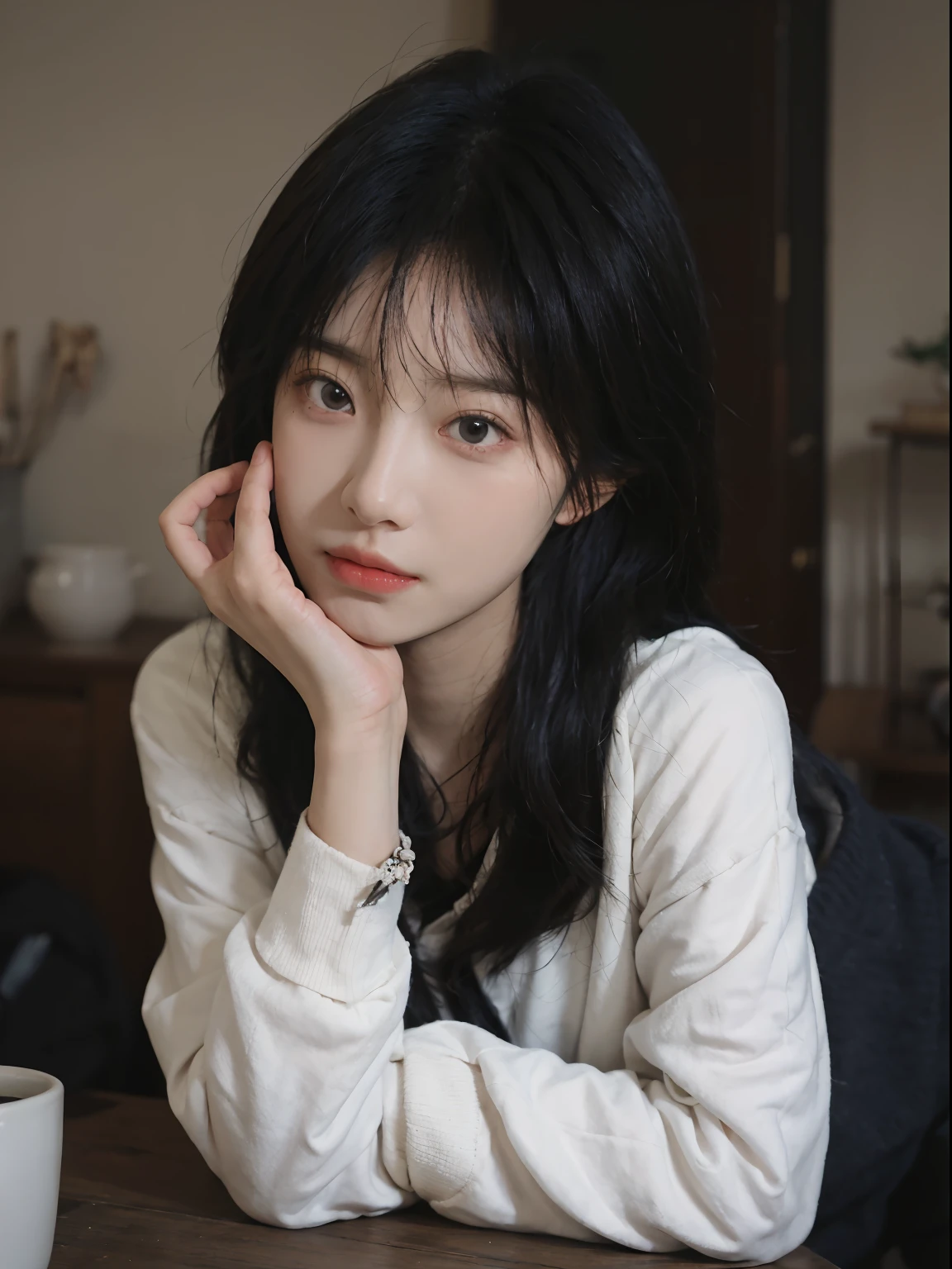 best qualtiy, 超高分辨率, (realisticlying:1.4), A woman with long black hair and a gray sweater, 中景 the scene is, She has black hair,By bangs, young lovely Korean faces, wan adorable korean face, ulzzangs, Shin Jinying, beautiful aesthetic face, Korean face features, Played by Liu Lee Ji Eun ,Beautiful realistic face