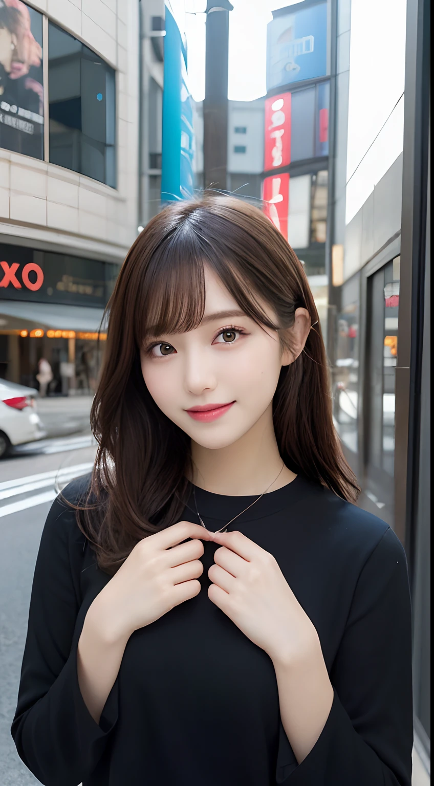 masutepiece, Best Quality, Illustration, Ultra-detailed, finely detail, hight resolution, 8K Wallpaper, Perfect dynamic composition, Beautiful detailed eyes, Long Sleeve Casual Wear,Medium Hair,small tits,Natural Color Lip, Bold sexy poses,Smile,Harajuku、20 years girl、Cute、Sexy shot looking at camera,Background blur