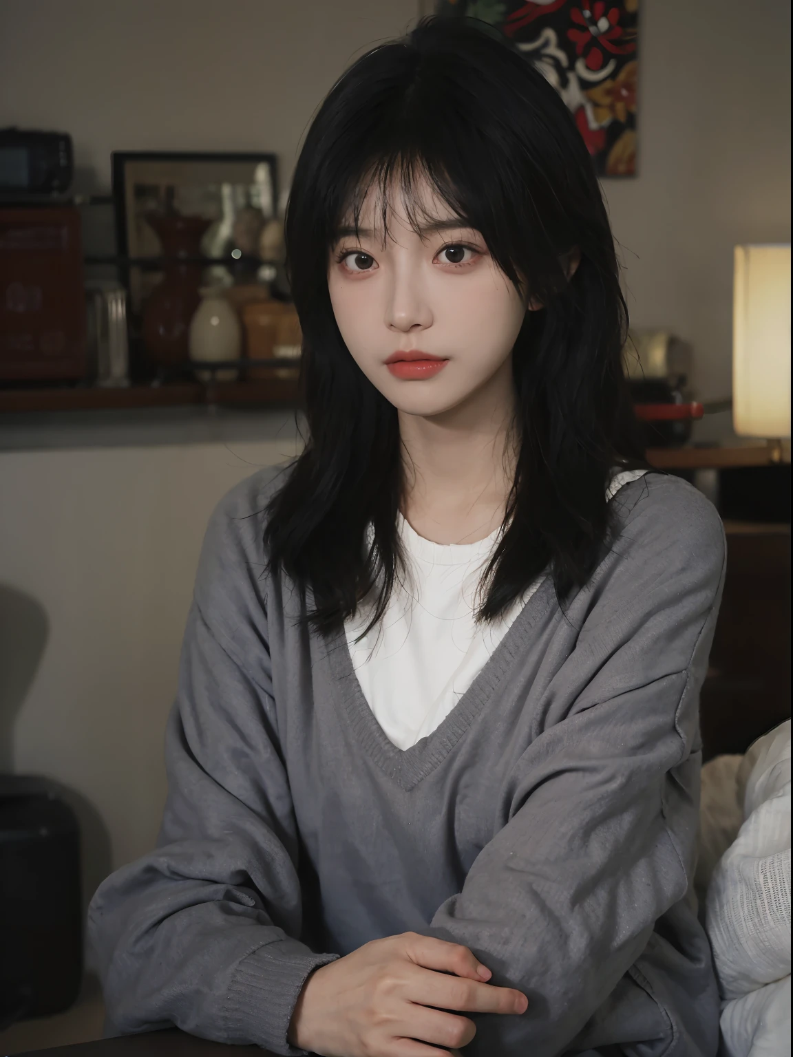 best qualtiy， 超高分辨率， （realisticlying：1.4）， A woman with long black hair and a gray sweater, 中景 the scene is, She has black hair，By bangs, young lovely Korean faces, wan adorable korean face, ulzzangs, Shin Jinying, beautiful aesthetic face, Korean face features, Played by Liu Lee Ji Eun ，Beautiful realistic face