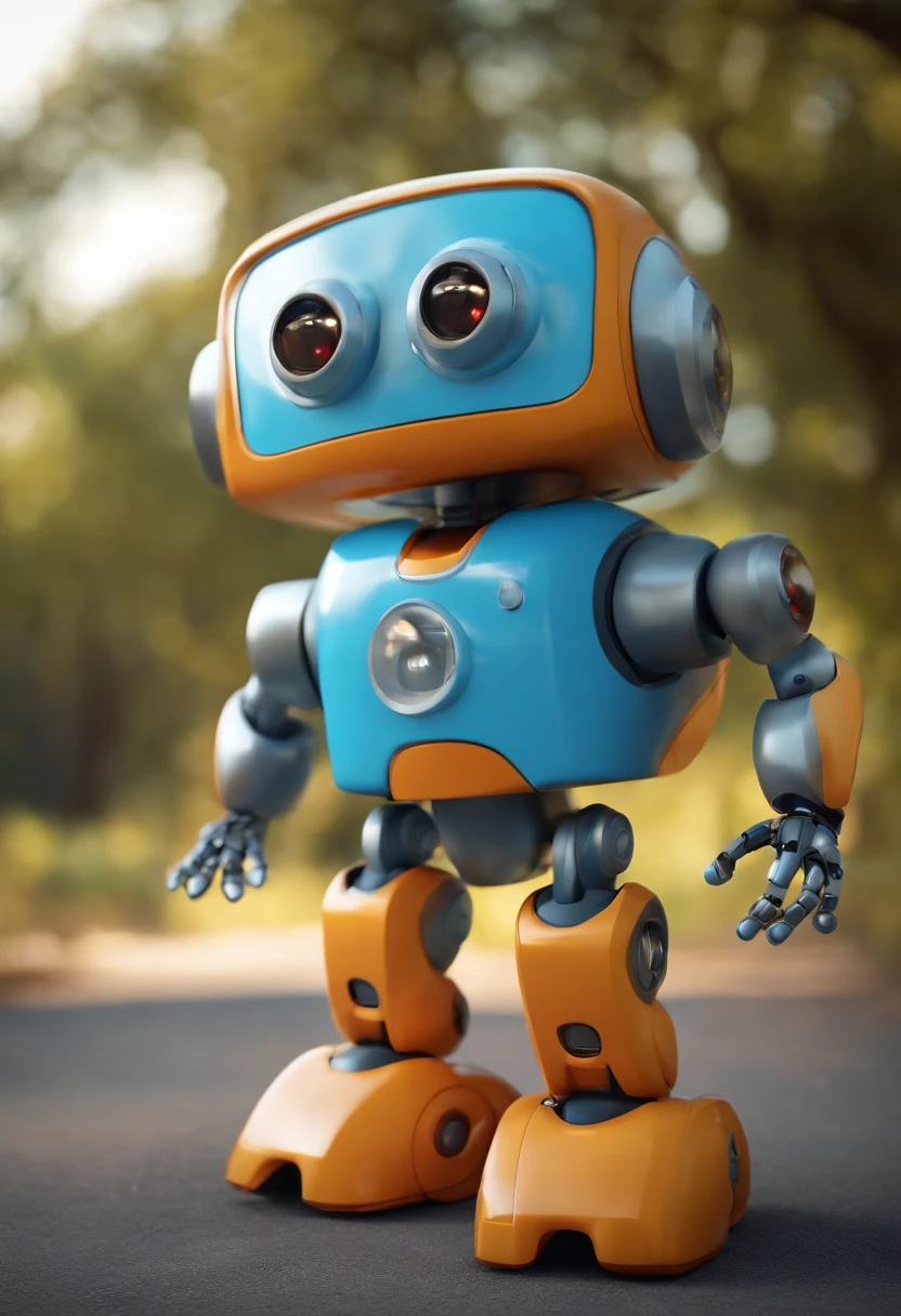 Cartoon character with eyes and arms sitting on the ground, tintoy characterdesign robot, adorable friendly robot, cute humanoid robot, muito bonito , animation character, 3d kid robot, cute robot, posing robotically, pixar 3 d animation style, friendly robot, robo cor azul