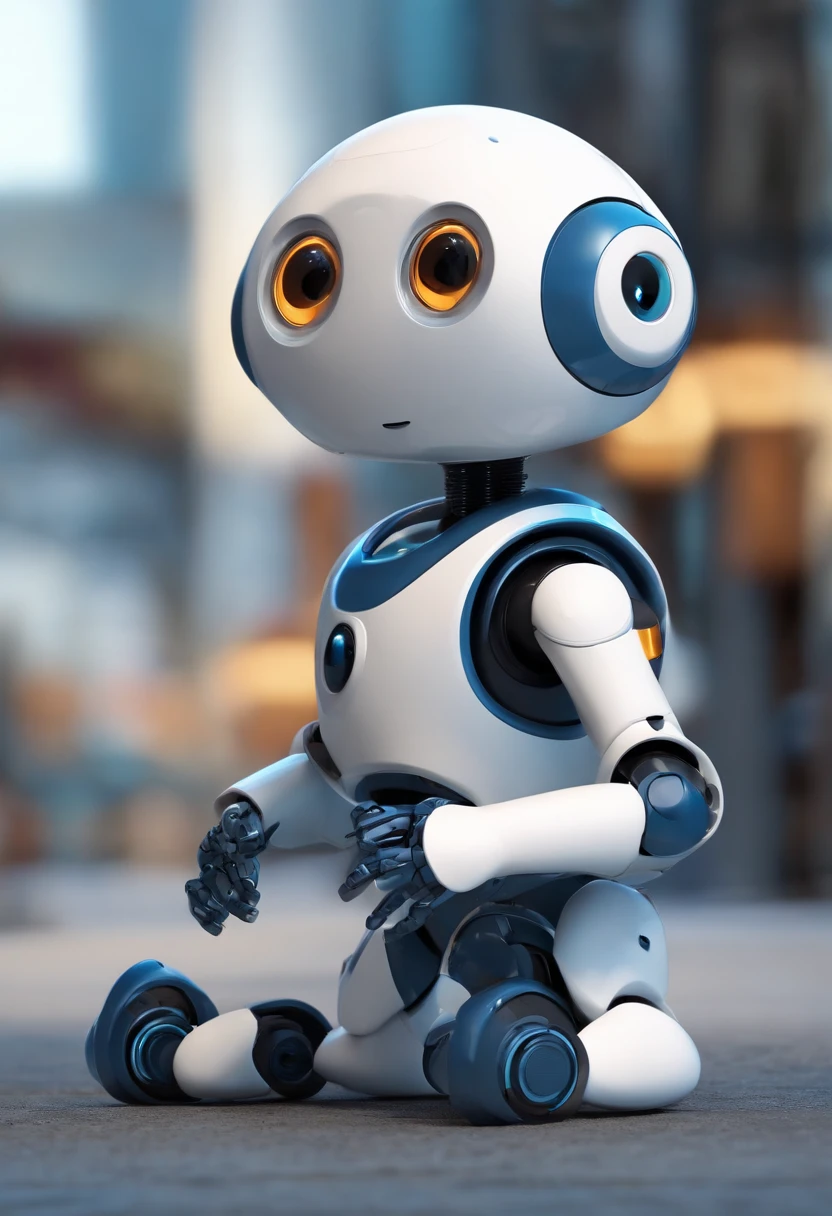 Cartoon character with eyes and arms sitting on the ground, tintoy characterdesign robot, adorable friendly robot, cute humanoid robot, muito bonito , animation character, 3d kid robot, cute robot, posing robotically, pixar 3 d animation style, friendly robot, robo cor azul