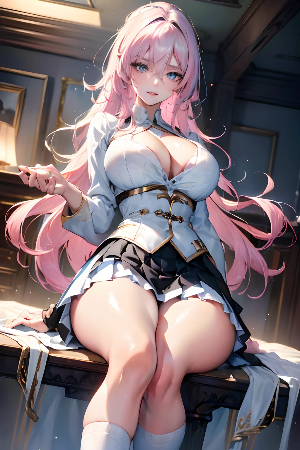 Official fine art,tmasterpiece,Sharp Focus,(Beautiful gorgeous lovely korean woman:1.3),(Beautiful lovely Korean:1.3),Korean beauty,Delicate Beautiful Hair and Eyes and Face,realisticlying,ultra - detailed,a beauty girl,Glowing White Particles,(side lights:1.2),slender,Cute big breasts and big buttocks,Toothy laughter,((Laugh and open your eyes)),scenecy,Long straight hair, sexy facial expression, Dynamic Hair, Long straight hair, Delicate platinum-pink hair, glow blue eyes, (Blue pleated shirt+white skirt), long white socks, paleskin, hair adornments, Official fine art,tmasterpiece,Sharp Focus,(best qualtiy, 8K, tmasterpiece:1.3,Delicate Beautiful Hair and Eyes and Face,realisticlying,ultra - detailed,a beauty girl, Focus:1.2, The best figure to sit on the bed:1.4,White shirt,a black pleated skirt,Raise your legs high,White knee-length socks,legs are open,Foot height,Realistic details,black colored hair,female high-school student,Lori huge breasts cleavage,Lower body visible