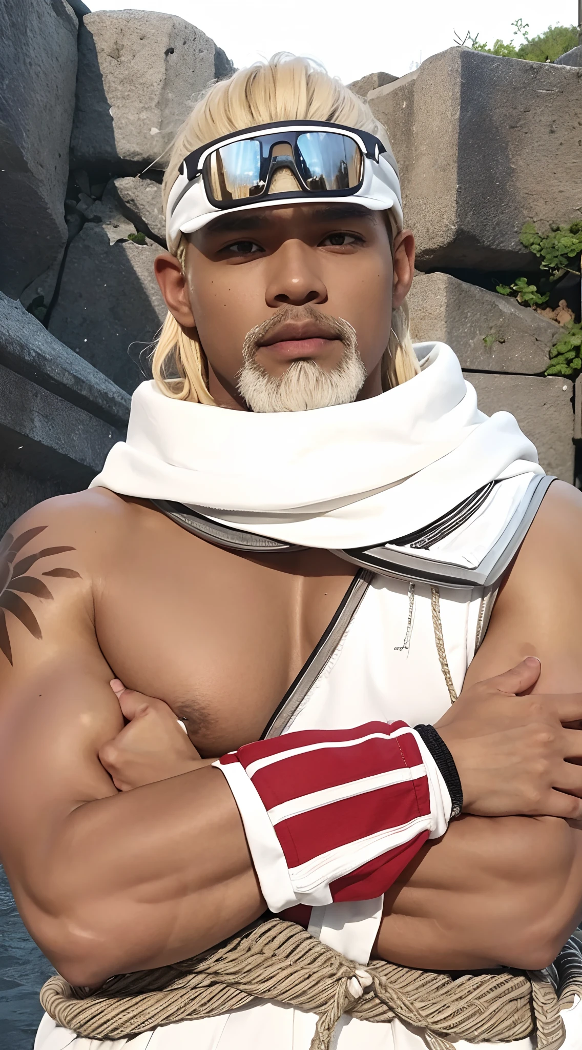 Real life adaption of this character, adult man face, brown skin tone,cool expression,realistic same blonde hair,(realistic same white outfit), realistic background, hyper realistic, realistic light, realistic shadow, realism,(photorealistic:1.2), looking to viewer, realistic same outfit in the head, muscular man body