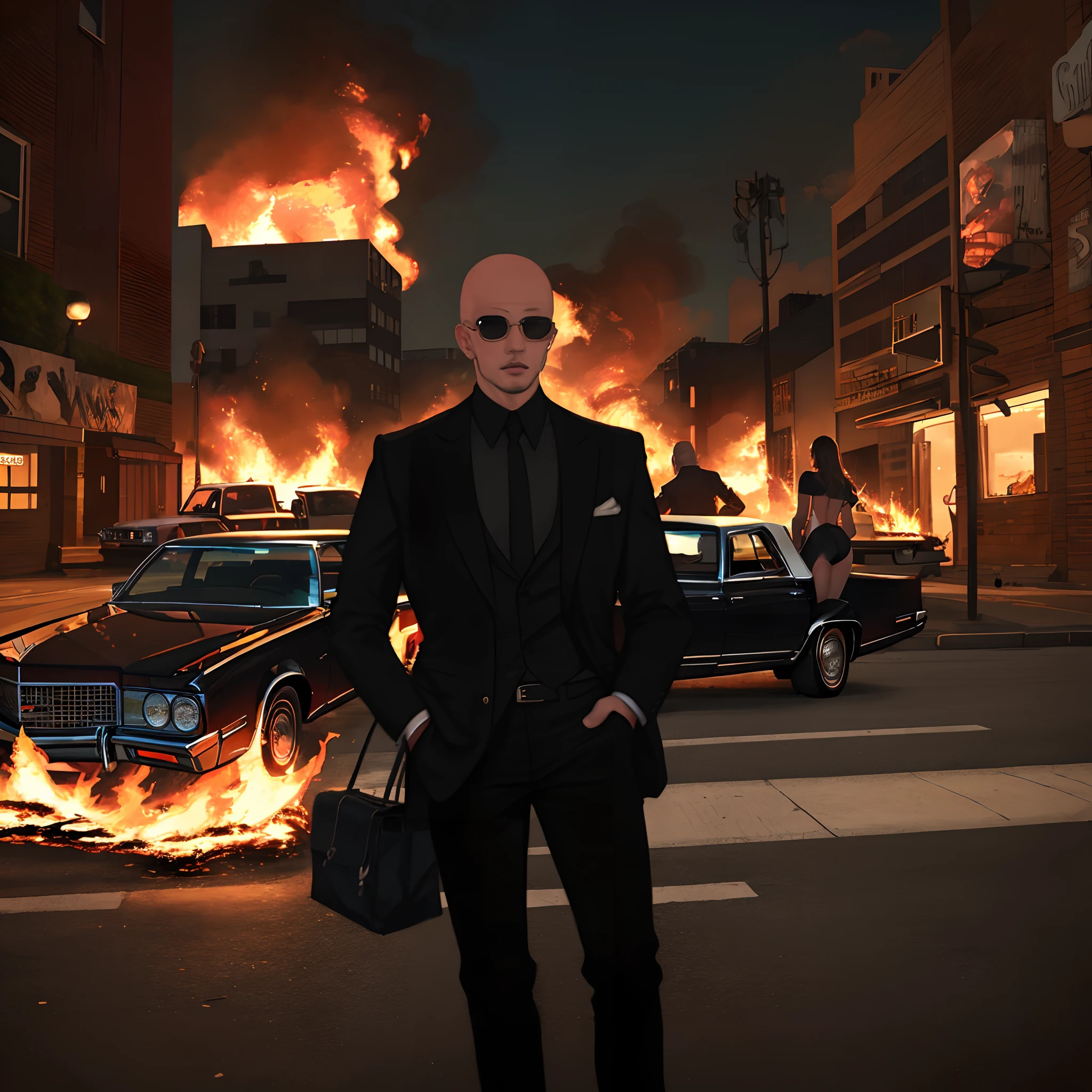 The city on fire in the background with four sexy woman who like they’re from a strip club and a mysterious man with a classic 1973 Cadillac in front of everything watching it burn in pimp clothes next to a pit bull