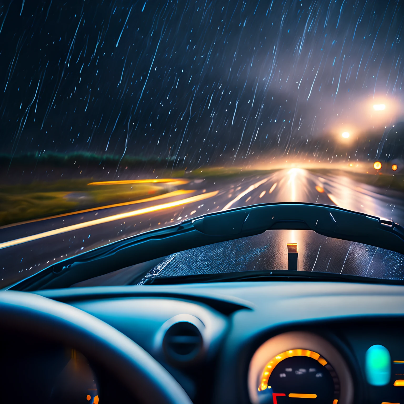 finest image, (8k, RAW photo, realistic), detailed and delicate depiction and flashy and dynamic painting method, View from inside a car driving on the highway. On the highway at night, pouring rain, raindrops reflected in the light of road lights, raindrops reflected in the headlights of a car, using the wipers to ensure visibility on the windshield that becomes cloudy due to rain. Cityscape and lights visible in the distance.