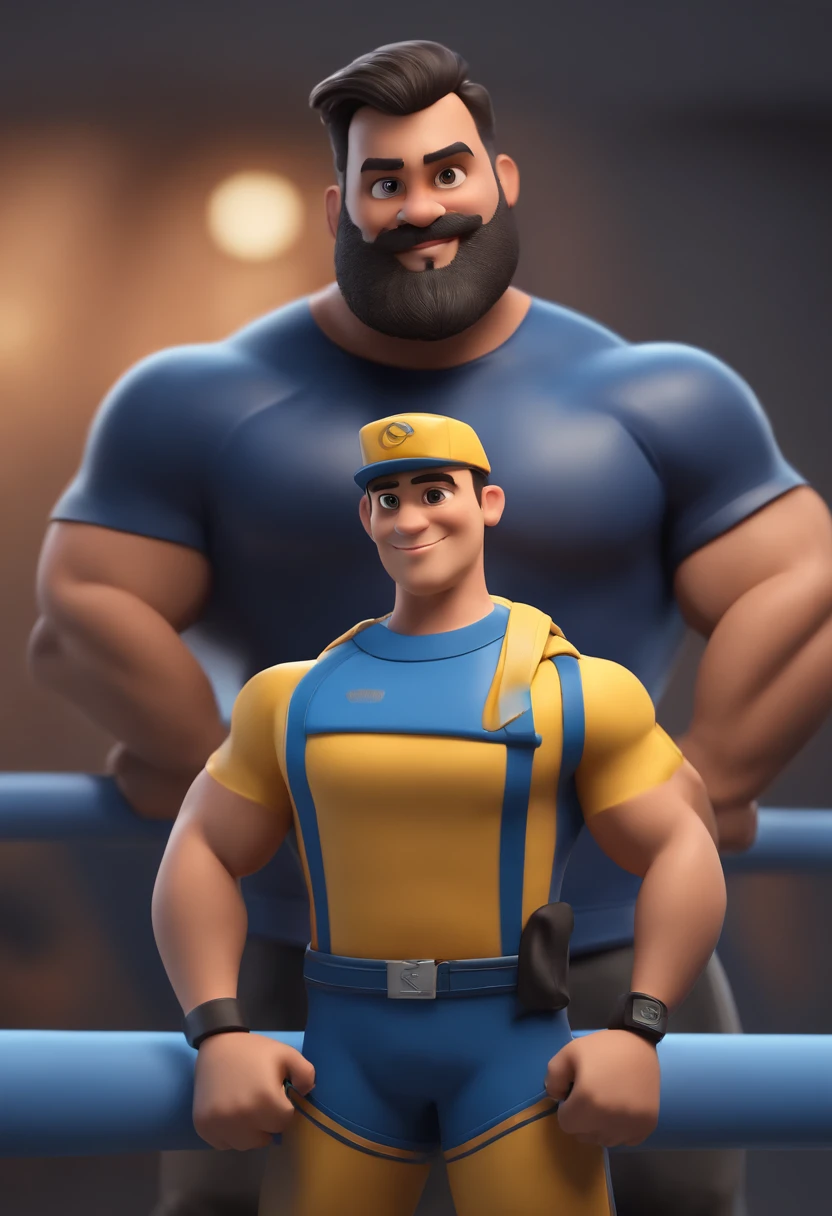 Personagem de desenho animado de um homem loiro de 30 anos personal trainer cabelo loiro com barba e uma camisa azul, animation character, Caractere estilizado, animation style rendering, 3D estilizado, Arnold Maya render, 3 d render stylized, toon render keyshot, Personagem 3D, Personagem 3D, 3d rendering stylized, 3 d character render, personagem de desenho animado, Personagem de close up, Pose de personagem,  (Estilo Pixar) (master part:1.2) (Bokeh) (best quality) (pele detalhada) (textura detalhada) (8k) (argila) (Cinematic lighting) (foco nítido