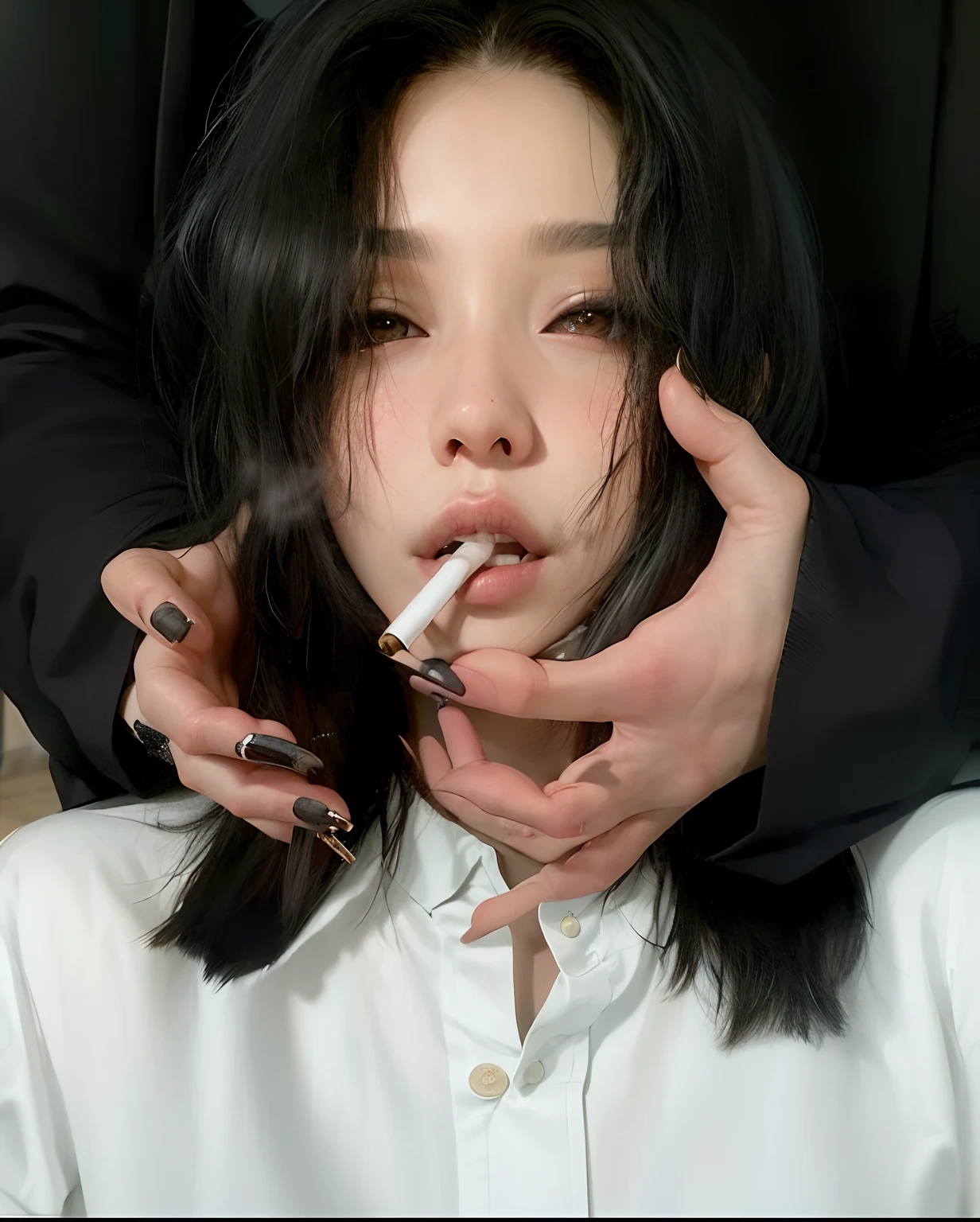 Hay una mujer fumando un cigarrillo sentada en una silla, con cigarro, cruel korean goth girl, ulzzang, Jisoo de Blackpink, iu lee ji-eun as a super villain, Jisoo de Blackpink, cigarrillo, Fumar un cigarrillo🚬, mano en la barbilla, dramatic smoking pose, con un cigarrillo en la boca, Heonhwa Choe