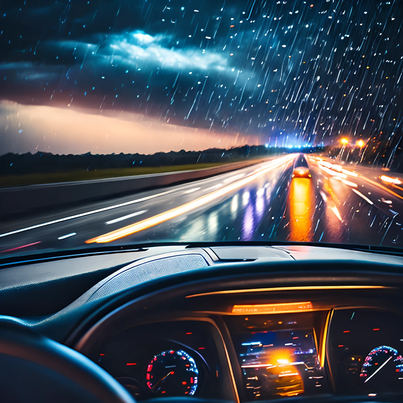 finest image, (8k, RAW photo, realistic), detailed and delicate depiction and flashy and dynamic painting method, View from inside a car driving on the highway. On the highway at night, pouring rain, raindrops reflected in the light of road lights, raindrops reflected in the headlights of a car, using the wipers to ensure visibility on the windshield that becomes cloudy due to rain. Cityscape and lights visible in the distance.