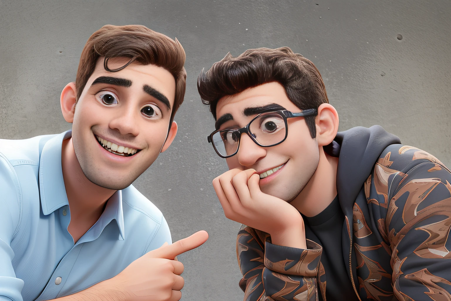 It's two men sitting next to each other and smiling, Petros e Leonid, dois rapazes, retrato de alta qualidade, large friendly eyes, Nick Silva e Ilya Kuvshinov, foto retrato, pointing at camera, leve sorriso nerd desajeitado, Directed by: Nandor Soldier, Nerds, com dentes afiados, foto muito precisa, Album art