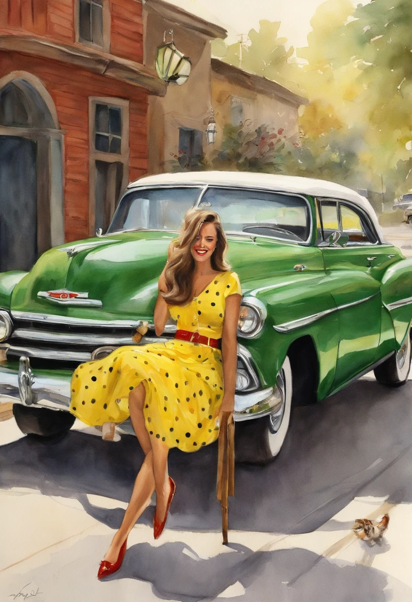 (1girl, long brown hair, green eyes, large breasts), (yellow shirt, red skirt, belt, polkadot skirt, yellow bow, cleavage, earrings, jewelry, black shoes, white socks, sunglasses, eyewear on head), green convertible old Plymouth fury 1958 car, street, smile