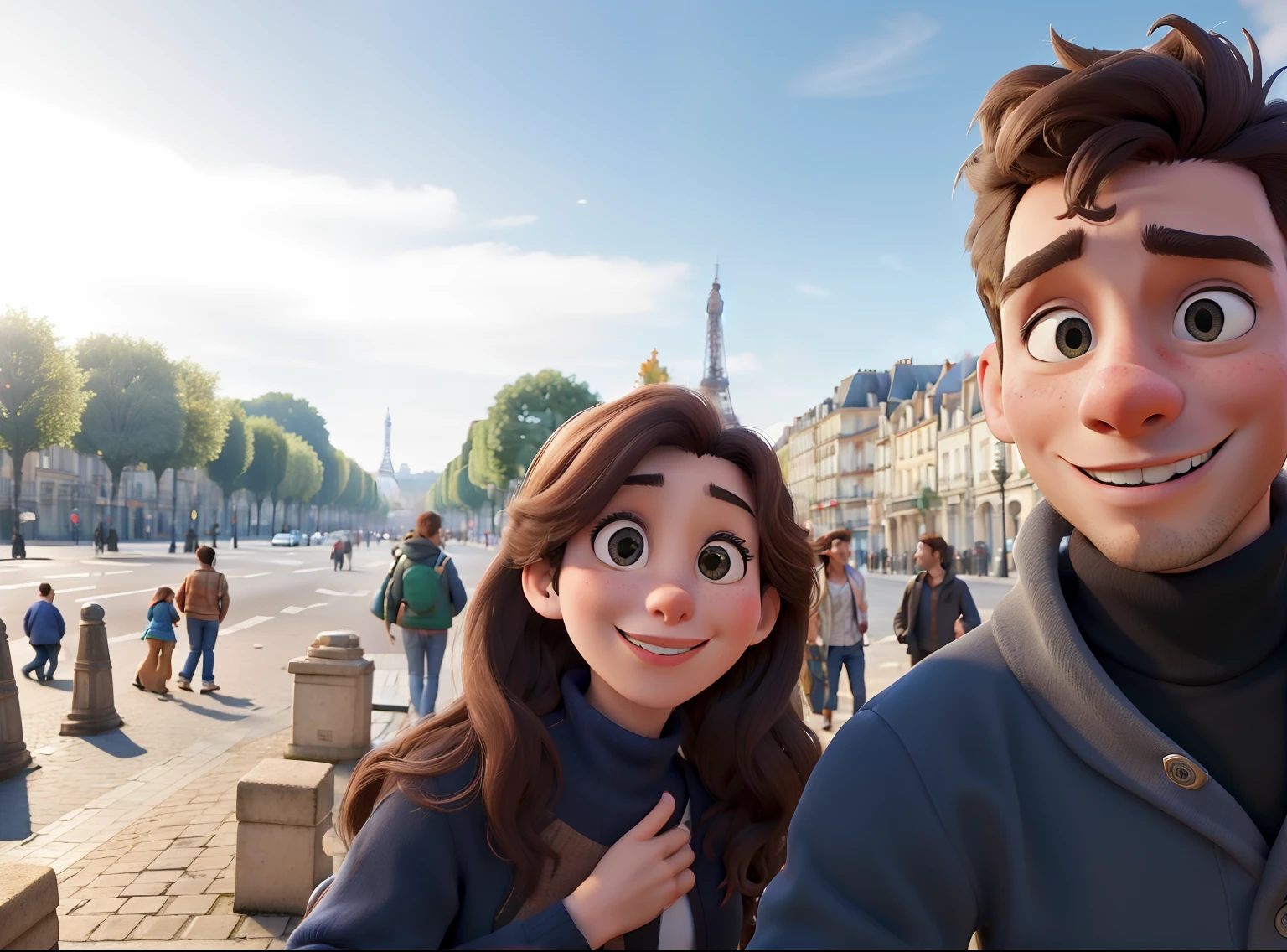 Obra-prima, de melhor qualidade, um casal fazendo selfie, on the streets of Paris in France, jovens de 22 anos, Disney Romantic Style