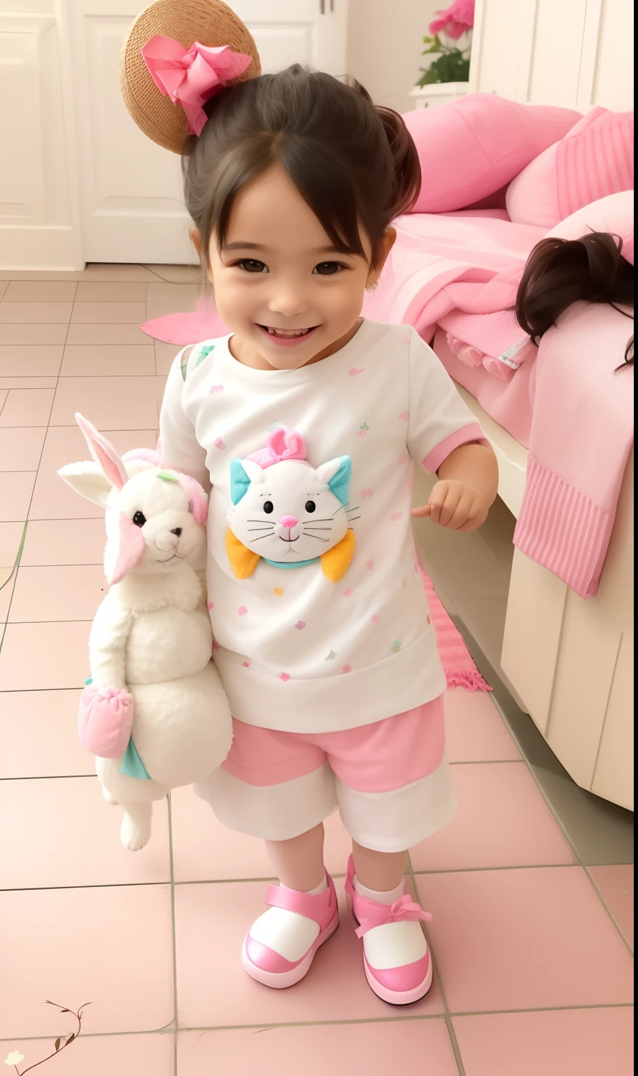 There's a who's holding a stuffed animal, with an easter basket, 2 anos, she is smiling and excited, with a happy expression, muito animado, foto da menina, ela expressando alegria, barnet, she is smiling and happy, Young Child,py, smiling and dancing, vestido com um top e shorts, She is grinning