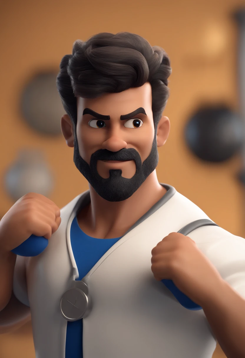 Personagem de desenho animado de um homem loiro de 30 anos personal trainer cabelo amarelo com barba e uma camisa azul, animation character, Caractere estilizado, animation style rendering, 3D estilizado, Arnold Maya render, 3 d render stylized, toon render keyshot, Personagem 3D, Personagem 3D, 3d rendering stylized, 3 d character render, personagem de desenho animado, Personagem de close up, Pose de personagem, (Estilo Pixar) (master part:1.2) (Bokeh) (best quality) (pele detalhada) (textura detalhada) (8k) (argila) (Cinematic lighting) (foco nítido