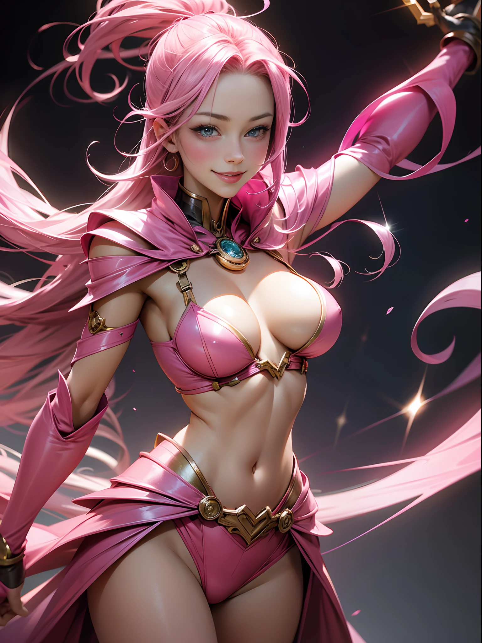 alchemist, beautiful woman (( Scarlet Johnson: Amber Heard:0.6)) , smiling, natural breasts, flashy effects, pink costume ((pink))