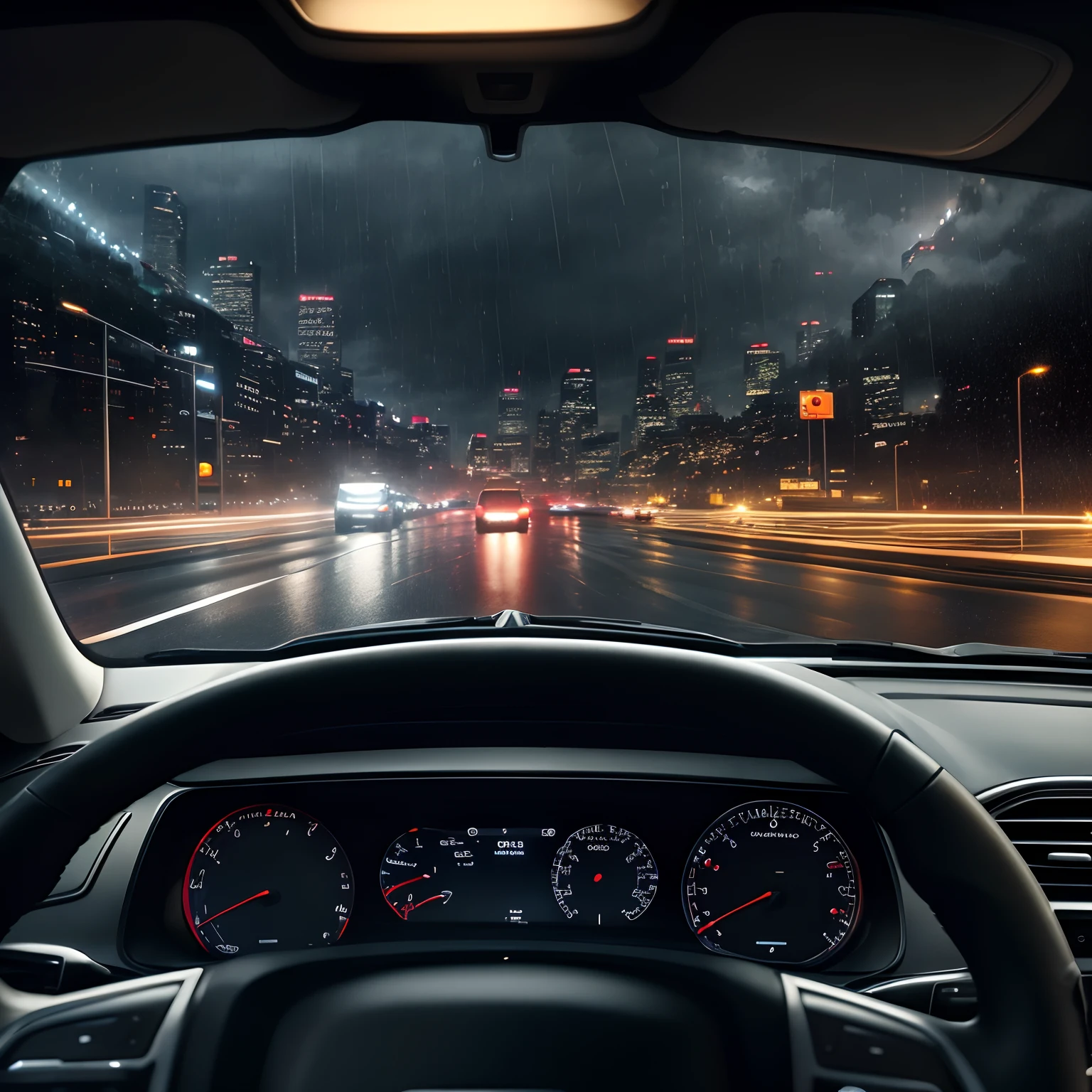 finest image, (8k, RAW photo, realistic), detailed and delicate depiction and flashy and dynamic painting method, View from inside a car driving on the highway. On the highway at night, pouring rain, raindrops reflected in the light of road lights, raindrops reflected in the headlights of a car, using the wipers to ensure visibility on the windshield that becomes cloudy due to rain. background Cityscape and lights visible in the distance. Fantastic scenery