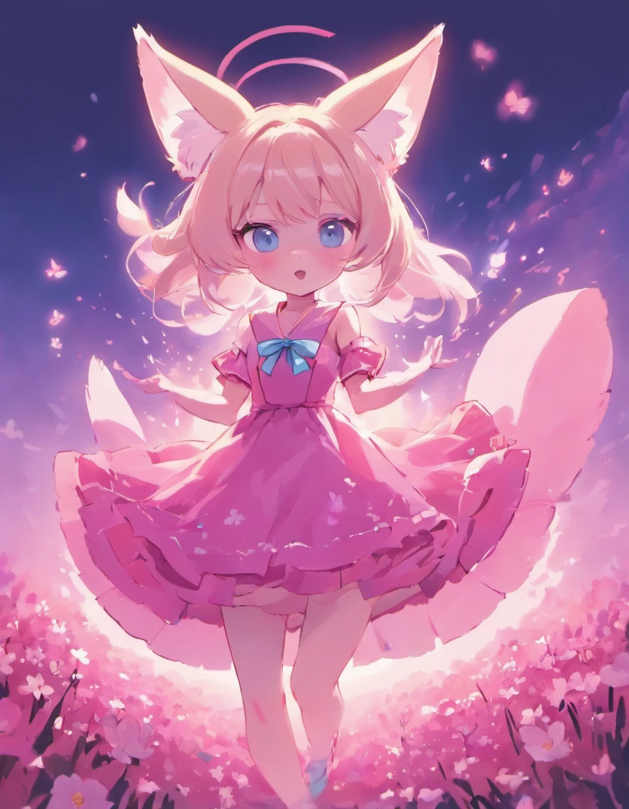 White and light blue fennec fox girl with a pink bow on her head and a pink bandanna around her neck and she is wearing a big light pink dress that has ruffles in the dress and a light blue heart in the middle, flying around a pink and blue flower field, while the flowers are glowing and glistening in the dark. the moon is a gradient of pink and blue and it’s glowing