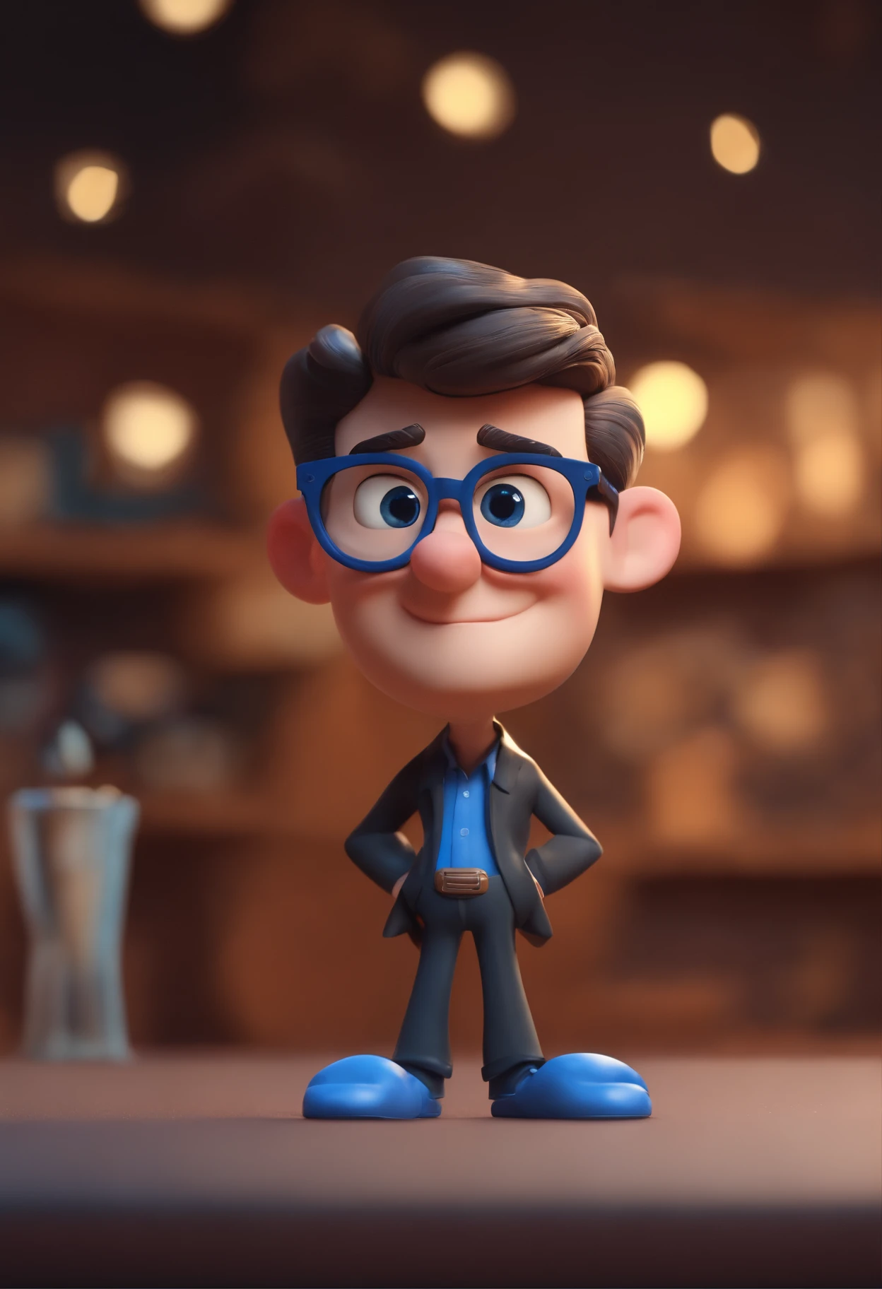 Cartoon character of a man wearing black glasses and a blue shirt, um personagem animado, Caractere estilizado, animation style rendering, 3D estilizado, Arnold Maya render, 3 d render stylized, toon render keyshot, Personagem 3D, Personagem 3D, 3d rendering stylized, 3 d character render, personagem de desenho animado, Personagem de close up, Pose de personagem, (Estilo Pixar) (master part:1.2) (Bokeh) (best quality) (pele detalhada) (textura detalhada) (8k) (argila) (Cinematic lighting) (foco nítido，Senta e vaza a parte superior do corpo