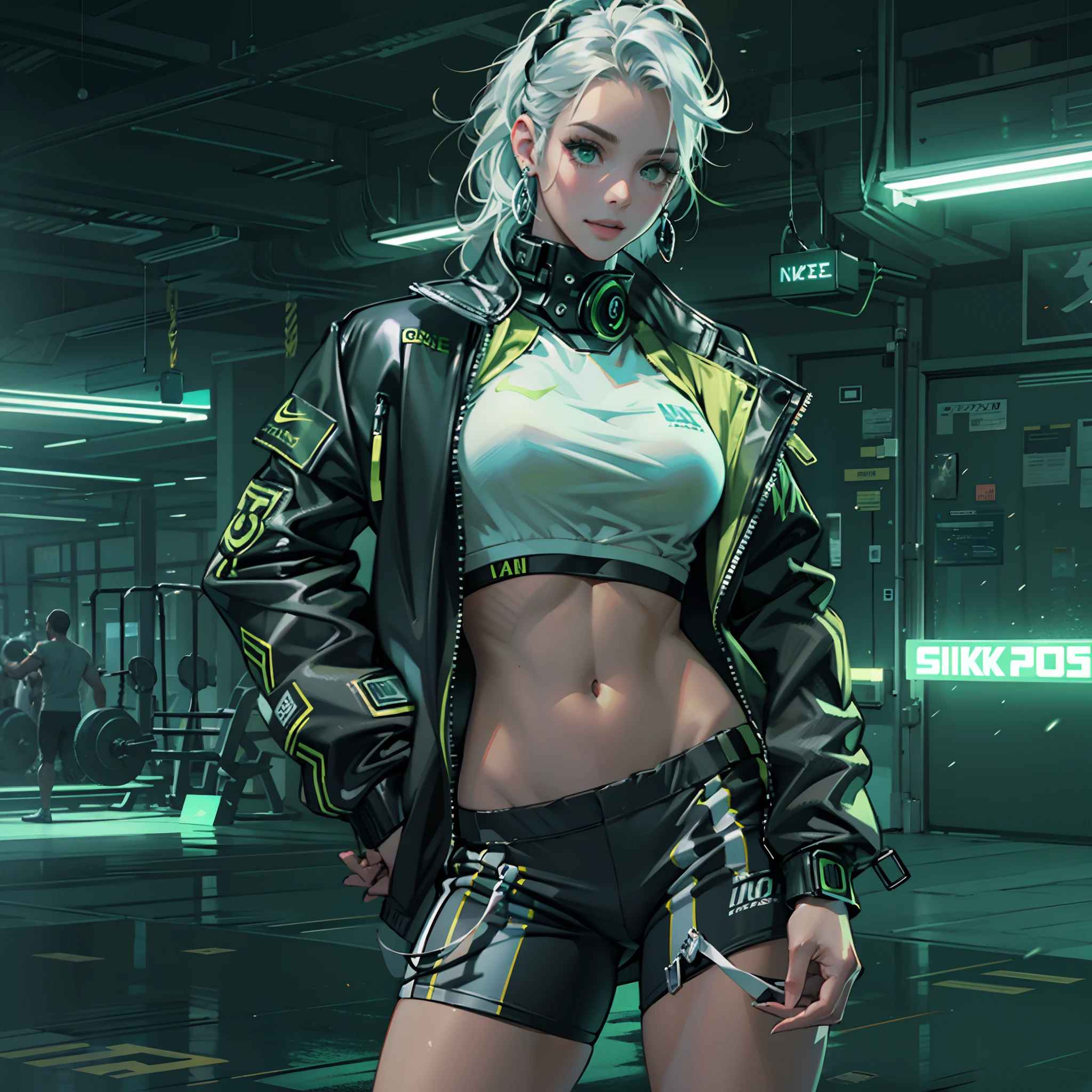 Best quality，tmasterpiece，Ultra-high resolution fills the picture，Indoor at night，the night,Indoor neon lights，Green color scheme，Intense grass green,Silvery-white hair，Green black leggings，green and black color scheme,Sporty skirts，the complex background，Gym interior background,Weight instruments in the background，High-tech screen in the background，Lateral face，Smiling，Dress less，There are fitness elements in the rear，nike，nike,nike,Tech gym，Perfect makeup，Love eyes，8K quality，Cyberpunk，sense of science and technology，Character backlighting，rim-light，Movement changes，Flowing hairstyle，Loose hairstyle,The number of fingers is refined，Full body in camera,9 doppelganger diagram，Luminous stud earrings，Luminous digital necklace，Electronic digital watches，The most beautiful girl in mankind，Delicate close-up of the face，Realistic image quality，Super light and shadow，Very good figure，Meticulous，Arrow symbol，Brand sense，English slogan neon，Runway lights，Fitness gym at night，Very good figure，Raised sexy,luminous,Faraway view,Full body in camera，独奏，There is only one character，femele