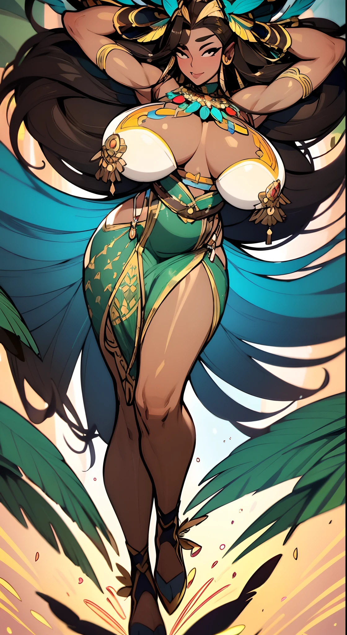 (dark brown skin:1.4), Wild Xavante India, extreme tanned skin, extreme long black straight hair messes over naked boobs, huge macaw blue parrot feather headdress, big cheeks, long legs, curvy, indigenous yellow and green breast painting, breast painted blue and yellow, indigenous yellow and green facial painting, huge macaw blue parrot feather necklace, honey eyes, full body image centered around the buxom young miller's exceptionally attractive with big breast and reavling exposed cleavage with wide hips and narrow waist and exuding an alluring and voluptuous physique that radiates warmth and sensuality, gisele bundchen, cheerfull and happy expression on her face, beautiful lips,detailed large eyes, Her eyes are a striking and inviting feature, realistic body details scar and fracture, extreme abnormally huge boobs, erotic fantasy, The image evokes feelings of sensuous eroticism, te and tranquil flower princess with soft hair dancing in the wind and intricately braided. Her sweet face has puffy, kissable lips and stunning, highly realistic eyes, hires eyes, 8k eyes, beautiful detail eyes, realistically shaded eyes, and realistic eyes in vibrant colors. She is wearing delicately detailed colourful fabric of gossamer silk and satin, midst of the most beautiful meadow in the world and is surrounded by beautiful flowers of varying sizes and colors, with delicate flowers dancing in the wind and creating a dynamic and compelling image
