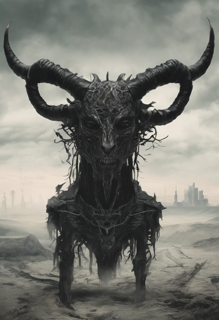 Demon with two black horns, olhos verdes, boca larga, em um local pegado fogo