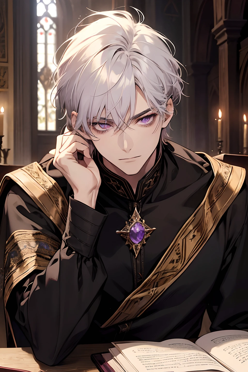 1male, calm, adult, age 35 face, short messy with bangs, white hair, amethyst colored eyes, royalty, prince, wears black clothing, in a castle, adult face, medieval times, close up, sitting at a table with a book, two hands, calm