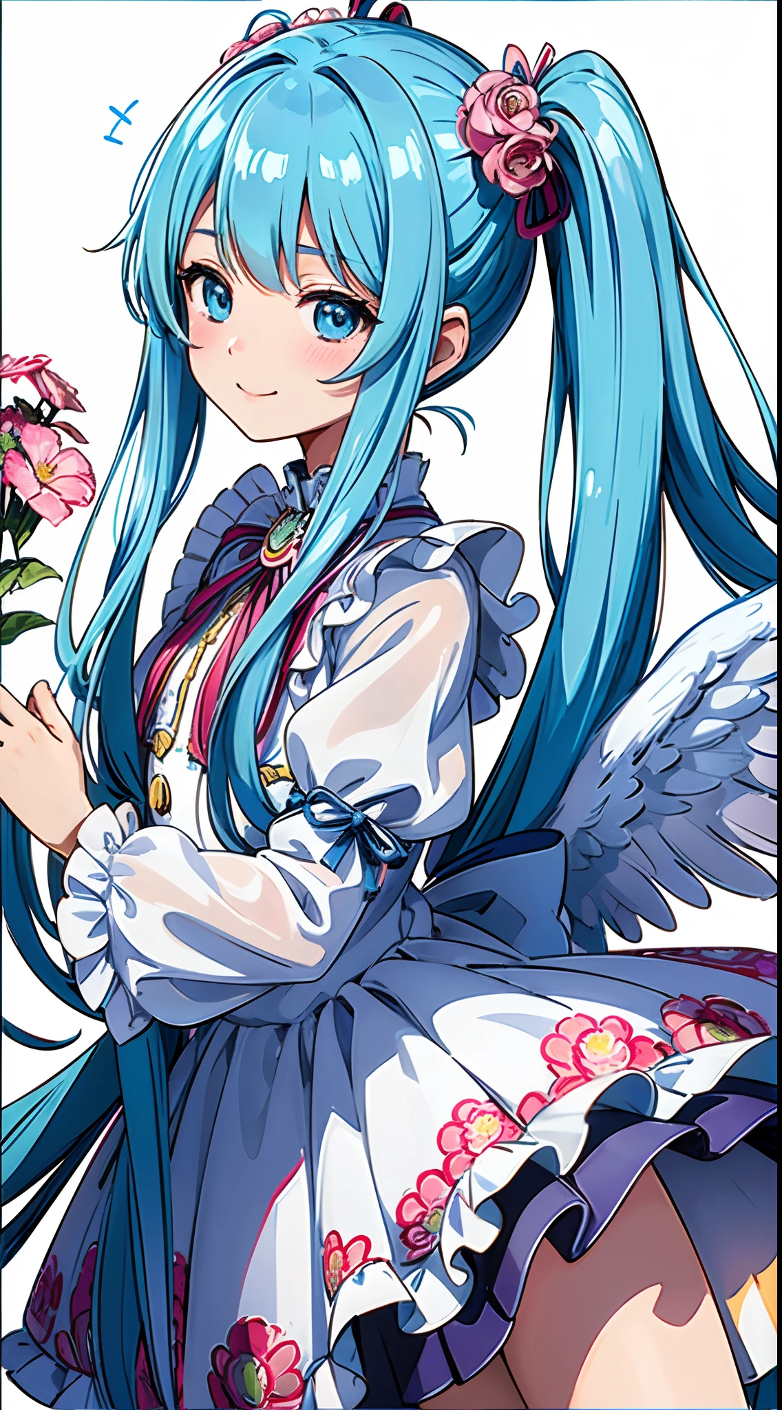(​masterpiece、top-quality、top-quality、Official art、Beautifully Aesthetic:1.2)、(1girl in:1.3)Light blue long hair、Twin-tailed、adorable smiling、ighly detailed、(Fractal Art:1.1)、(colourfull:1.1)(florals:1.3)、highestdetailed、(Zentangle:1.2)、(dynamicposes)、(Abstract background:1.3)、(shinny skin)、(Many colors:1.4)、、(耳Nipple Ring)、(pluma:1.5)、White background、See-Through Phoenix Leotard、Angel wings shining in seven colors、1 kawaii girl、adorable smiling、Twin tails with long light blue hair、Colorful angel costume in ta style with ruffles、A blizzard of fluttering flowers(Some photos)、((top-quality))、((​masterpiece))、(ighly detailed、highestdetailed、Official art、Beautifully Aesthetic:1.2)