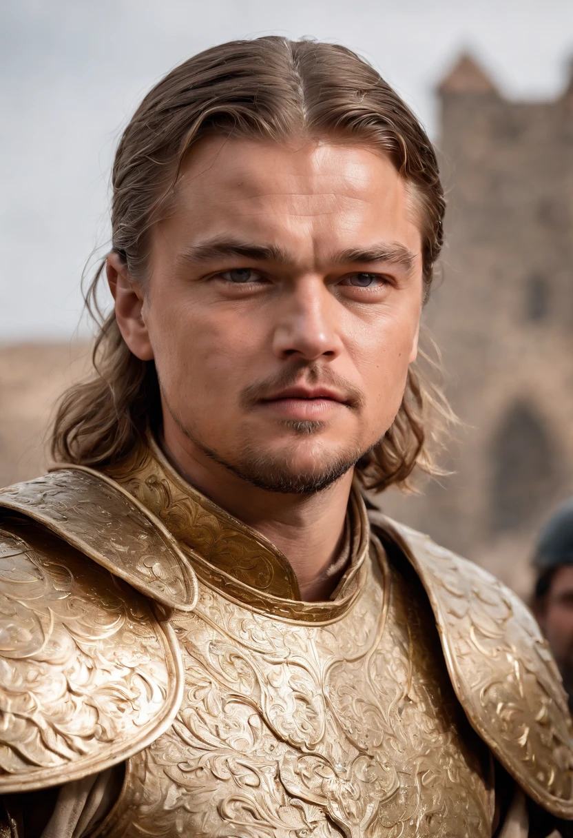 Young Leonardo DiCaprio, with natural withe hair, wearing a gold and Withe battle armor, full body,  medieval style, house Targaryen, game of thrones, ultra realistic, focus