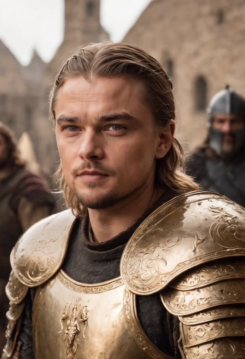 Young Leonardo DiCaprio, with natural withe hair, wearing a gold and Withe battle armor, full body, medieval style, house Targaryen, game of thrones, ultra realistic, focus