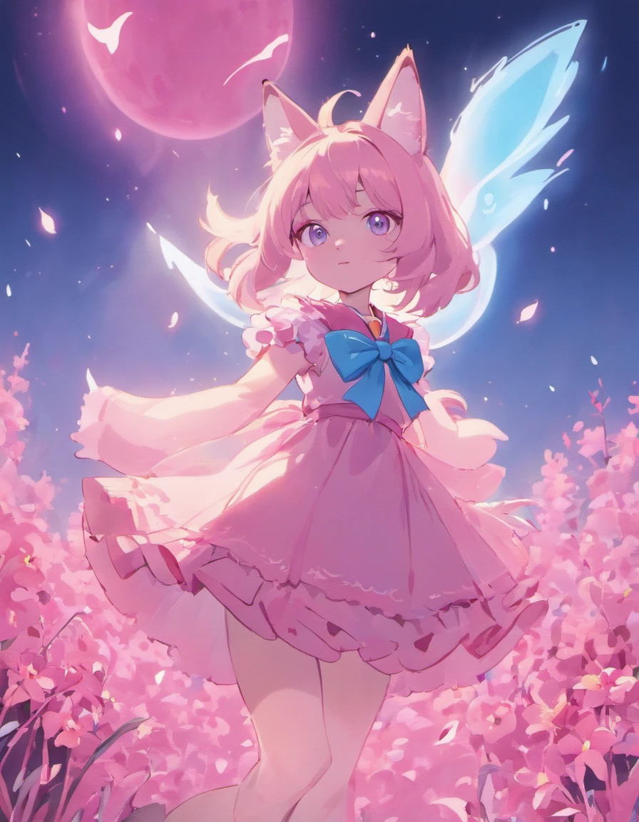 White and light blue fennec fox girl with a pink bow on her head and a pink bandanna around her neck and she is wearing a big light pink dress that has ruffles in the dress and a light blue heart in the middle, flying around a pink and blue flower field, while the flowers are glowing and glistening in the dark. the moon is a gradient of pink and blue and it’s glowing