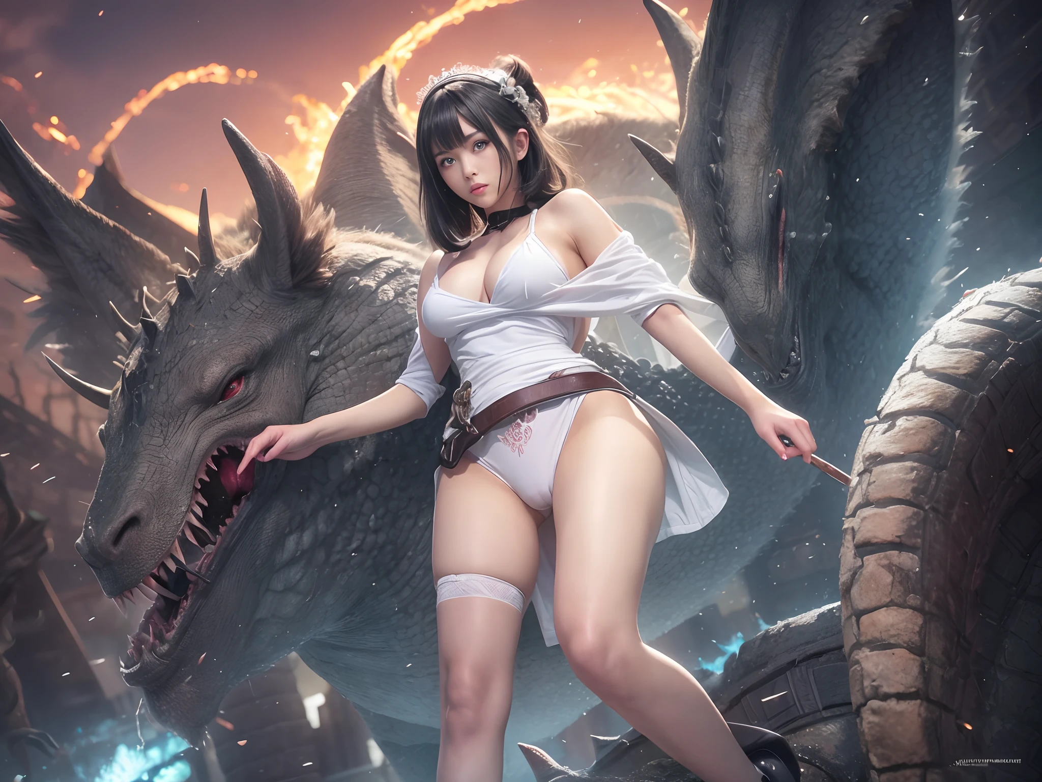 (Raw photo:1.2), (Photorealistic), Beautiful detailed girl, Very detailed eyes and face, Beautiful detailed eyes, Huge file size, High resolution, Very detailed, Best Quality, [masutepiece:1.6], Illustration, Very detailed, Fine detail, Best Quality, 8K Wallpaper, Movie Lighting, 15-year-old female fantasy heroine, attacked by multiple dragons in tokyo city, Show off white panties, white underwear, battlefield In multiple demon monsters, around by multiple demons,  beautiful face, fire the thunder magic from her hand, kawaii eyes, Black hair with middle bob hair, Immature body, strong womens , serious expression