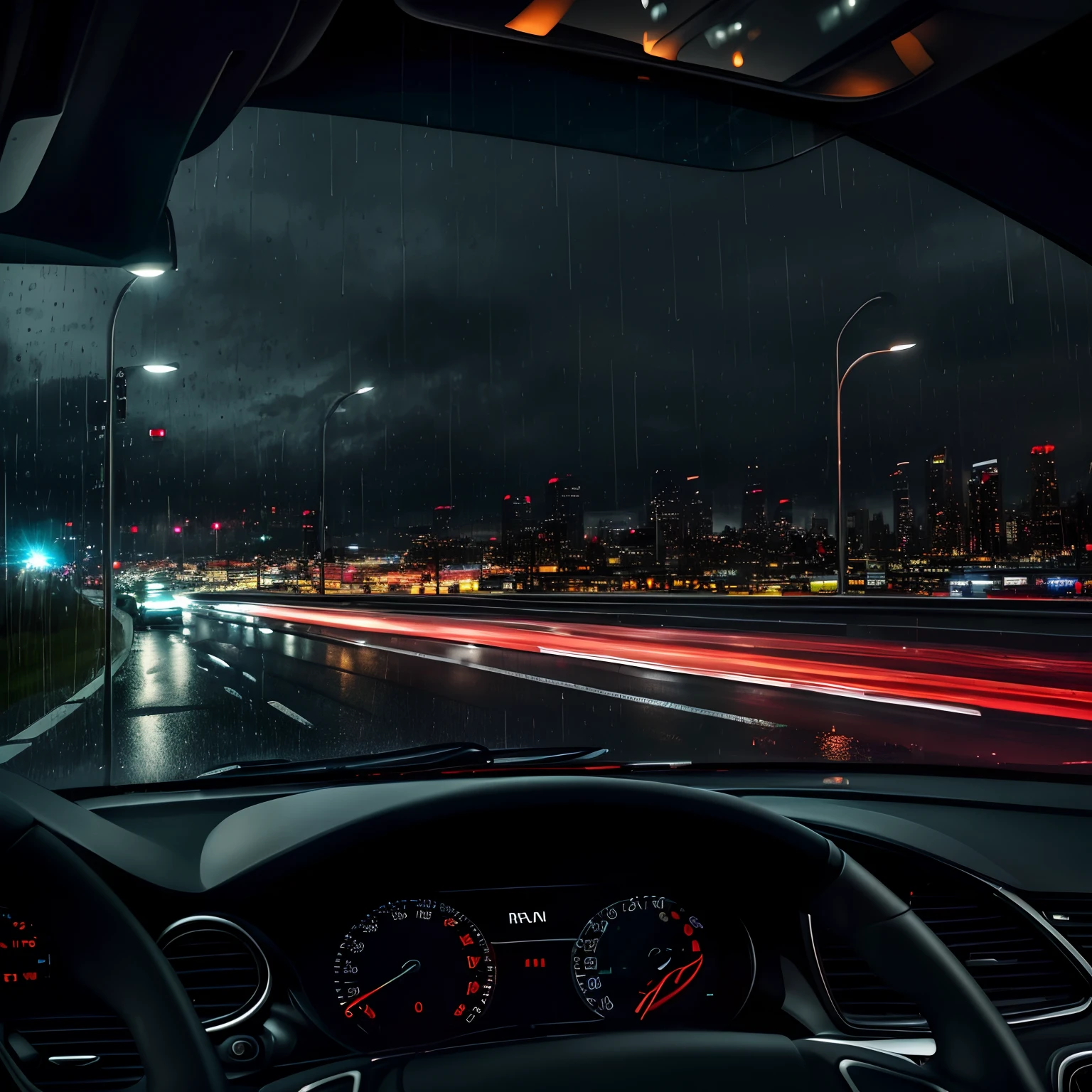finest image, (8k, RAW photo, realistic), detailed and delicate depiction and flashy and dynamic painting method, View from inside a car driving on the highway. On the highway at night, pouring rain, raindrops reflected in the light of road lights, raindrops reflected in the headlights of a car, using the wipers to ensure visibility on the windshield that becomes cloudy due to rain. background Cityscape and lights visible in the distance. Fantastic scenery