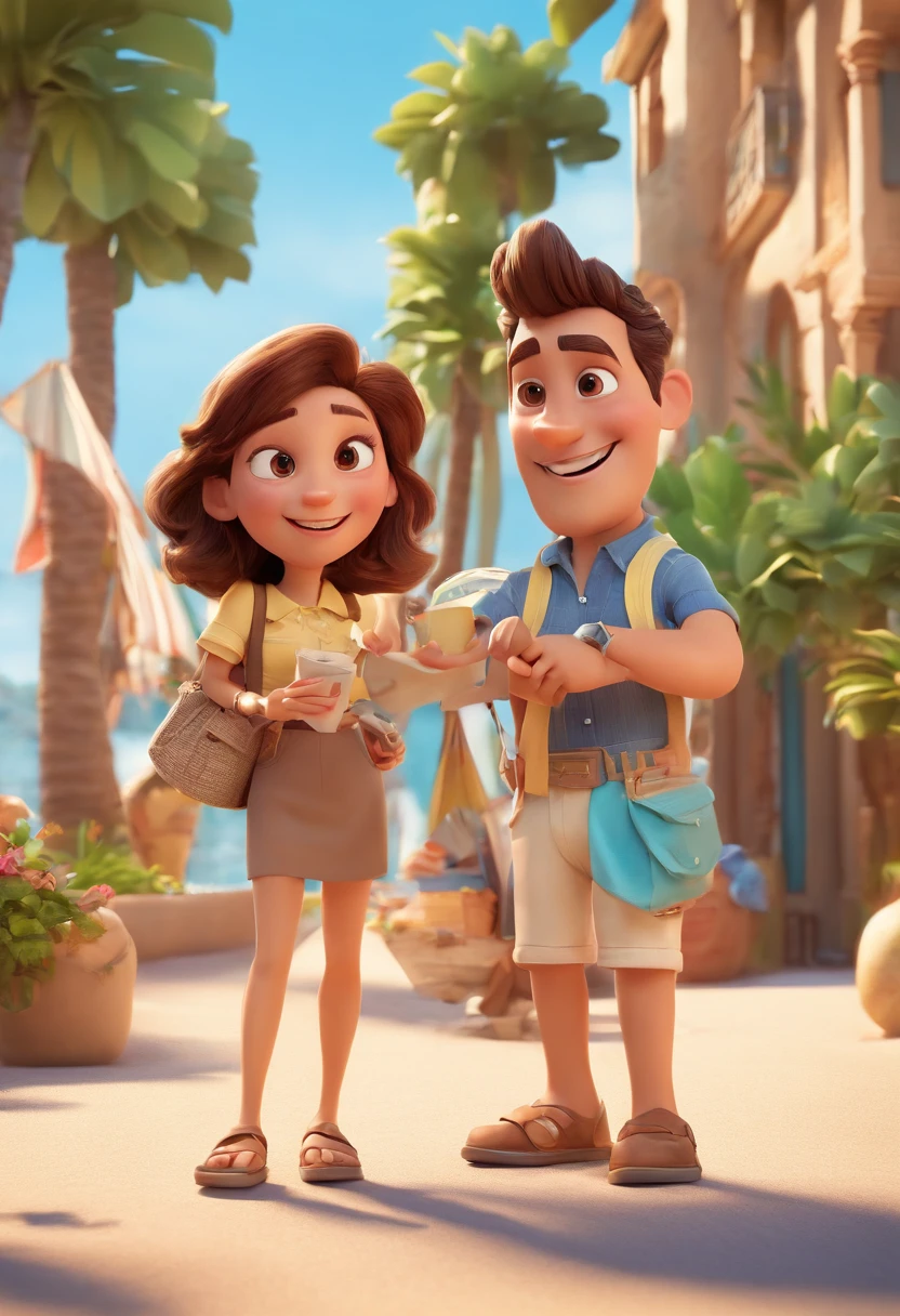 Cartoon of couple having fun on vacation together, 3D Animation Movie Poster, Poster de filme animado, pixar 3 d animation style, pixar renderman rendering, maia 8 mil, animated film, Disney Pixar Estilo 3D, amigos felizes saem juntos, all wearing light blue shirts and cream brown long pants, camisa azul clara, cream brown pants, ao ar livre, vacation, Disney Pixar Animation Poster