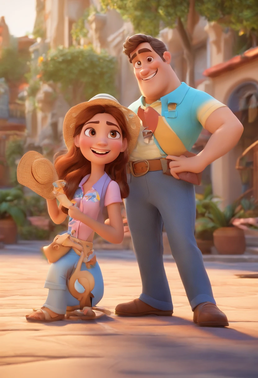 Cartoon of couple having fun on vacation together,  3D Animation Movie Poster, Poster de filme animado, pixar 3 d animation style, pixar renderman rendering, maia 8 mil, animated film, Disney Pixar Estilo 3D, amigos felizes saem juntos, all wearing light blue shirts and cream brown long pants, camisa azul clara, cream brown pants, ao ar livre, vacation, Disney Pixar Animation Poster