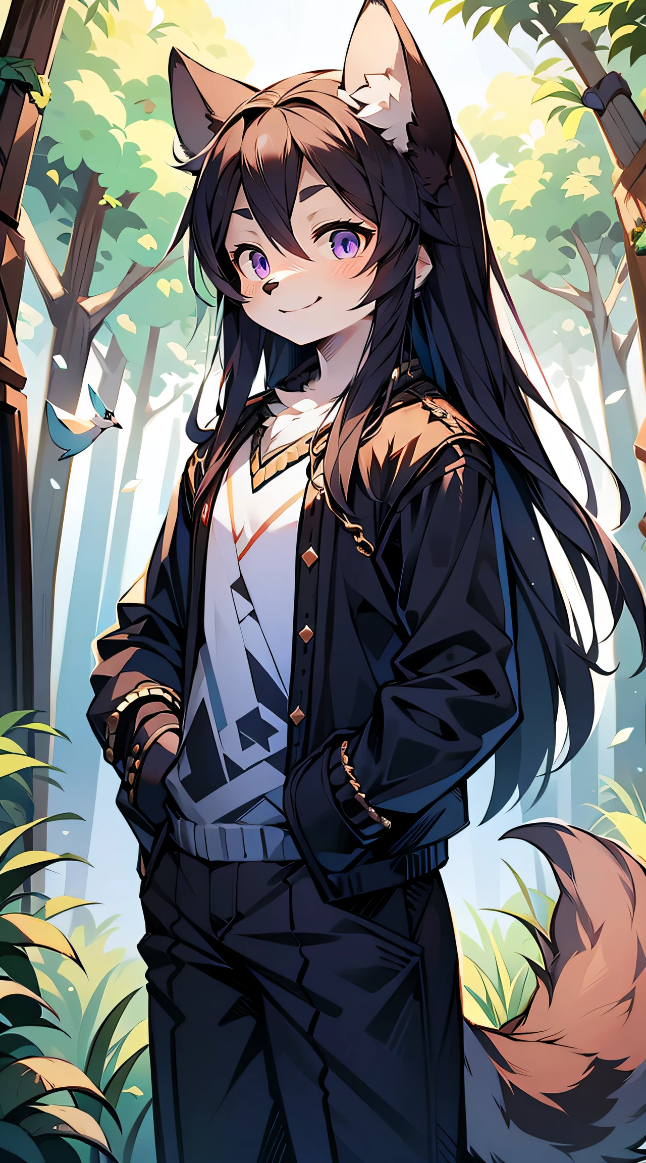 A wolf with a height of 180CM，Blue-purple eyes, , Long black hair, Tail, The chest is slightly raised，red and black costume，With a smile，Two small ears，Stand with fair skin ，ln the forest