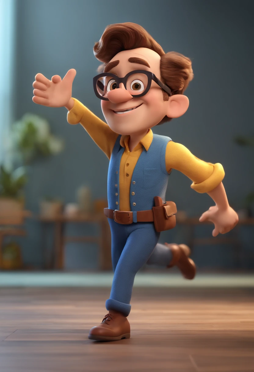 Cartoon character of a man with glasses, cabelo amarelo e uma camisa azul, animation character, Caractere estilizado, animation style rendering, 3D estilizado, Arnold Maya render, 3 d render stylized, toon render keyshot, Personagem 3D, Personagem 3D, 3d rendering stylized, 3 d character render, personagem de desenho animado, Personagem de close up, Pose de personagem,  (Estilo Pixar) (master part:1.2) (Bokeh) (best quality) (pele detalhada) (textura detalhada) (8k) (argila) (Cinematic lighting) (foco nítido