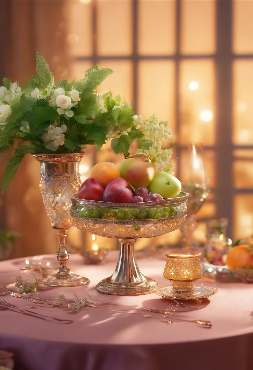 (Best quality,4K,8K,A high resolution,Masterpiece:1.2),Ultra-detailed,Surprisingly beautiful table set,Delicate flower arrangement,Natural lighting,Golden candlelight,Soft and warm color palette,Inviting atmosphere,Homely,Simple and elegant,Harmonious composition,Meticulous attention to detail,subtletextures,Tastefully furnished,Transparent glassware,Delicious fresh fruit,Crystal clear water droplets on the fruit,Crispy and juicy,Refreshing,Lovely floral scent and fruit,Exquisite porcelain dinner plate,Smooth and glossy surface,Vintage silverware,Exquisite and gorgeous design,Romantic and cozy atmosphere,Relaxing and comfortable,serenity and calm,Healthy and inviting,Elegant pleats and curtains,Rich brown color,Subtle shadows and highlights,Soft natural lighting,Soothing and peaceful atmosphere,Purple flower ornaments,Delicate buds and flowers,a faint fragrance in the air,The petals are beautifully arranged,Soft and natural texture,A warm and inviting color palette,Authentic and rustic elements,champagne，Crystal wine glasses,Bubbles that surface,Candlelight reflection,glittery，Cleavage is seductive,Green leaves and green leaves,Add a touch of freshness and nature,green plant，Grapes and mangoes,Crystal fruit bowl，Symbolizes abundance and vitality,A feast for the senses.in a panoramic view，deep colour
