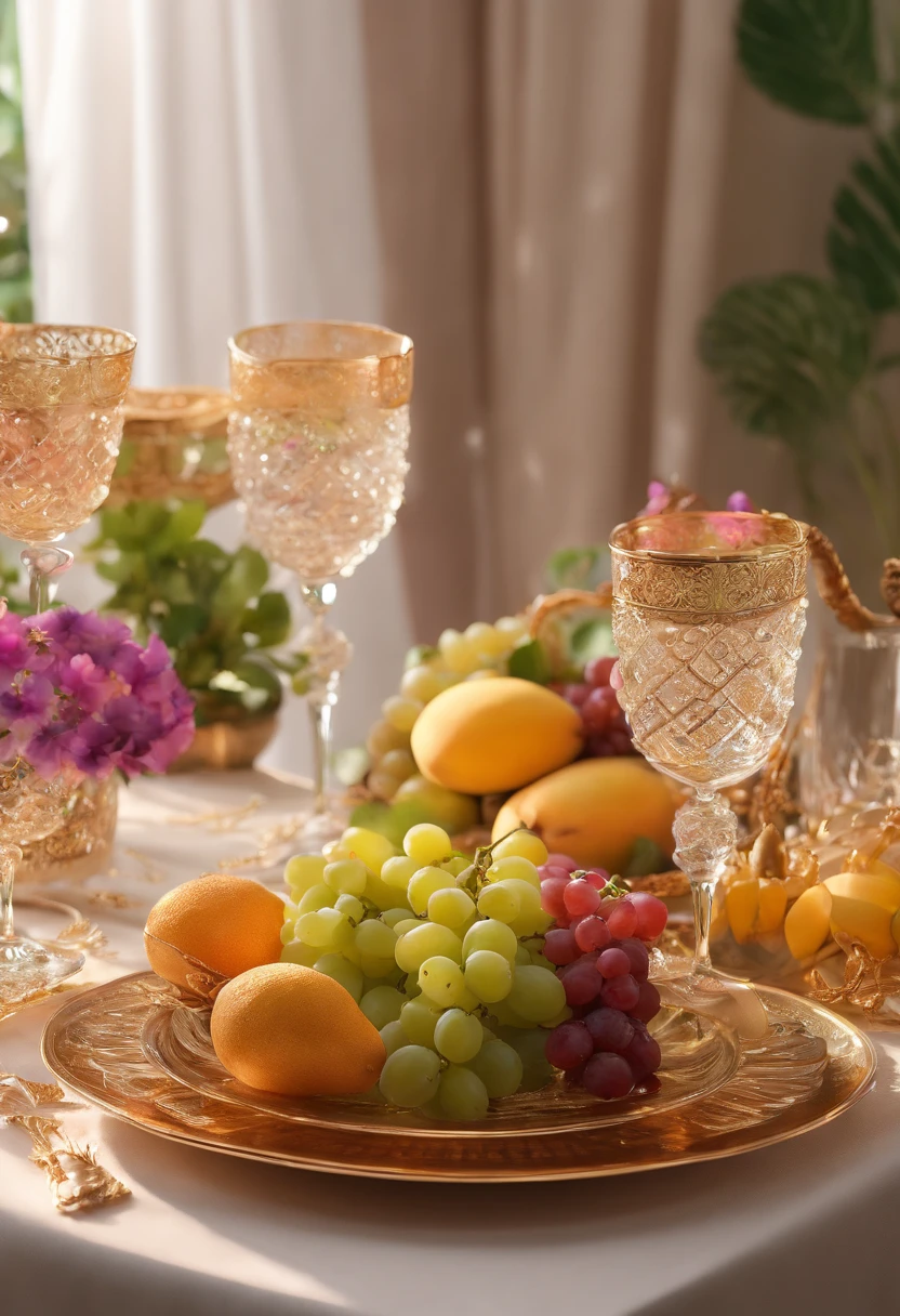 (Best quality,4K,8K,A high resolution,Masterpiece:1.2),Ultra-detailed,Surprisingly beautiful table set,Delicate flower arrangement,Natural lighting,Golden candlelight,Soft and warm color palette,Inviting atmosphere,Homely,Simple and elegant,Harmonious composition,Meticulous attention to detail,subtletextures,Tastefully furnished,Transparent glassware,Delicious fresh fruit,Crystal clear water droplets on the fruit,Crispy and juicy,Refreshing,Lovely floral scent and fruit,Exquisite porcelain dinner plate,Smooth and glossy surface,Vintage silverware,Exquisite and gorgeous design,Romantic and cozy atmosphere,Relaxing and comfortable,serenity and calm,Healthy and inviting,Elegant pleats and curtains,Rich brown color,Subtle shadows and highlights,Soft natural lighting,Soothing and peaceful atmosphere,Purple flower ornaments,Delicate buds and flowers,a faint fragrance in the air,The petals are beautifully arranged,Soft and natural texture,A warm and inviting color palette,Authentic and rustic elements,champagne,Crystal wine glasses,Bubbles that surface,Candlelight reflection,glittery,Cleavage is seductive,Green leaves and green leaves,Add a touch of freshness and nature,green plant,Grapes and mangoes,Crystal fruit bowl,Symbolizes abundance and vitality,A feast for the senses.in a panoramic view,deep colour