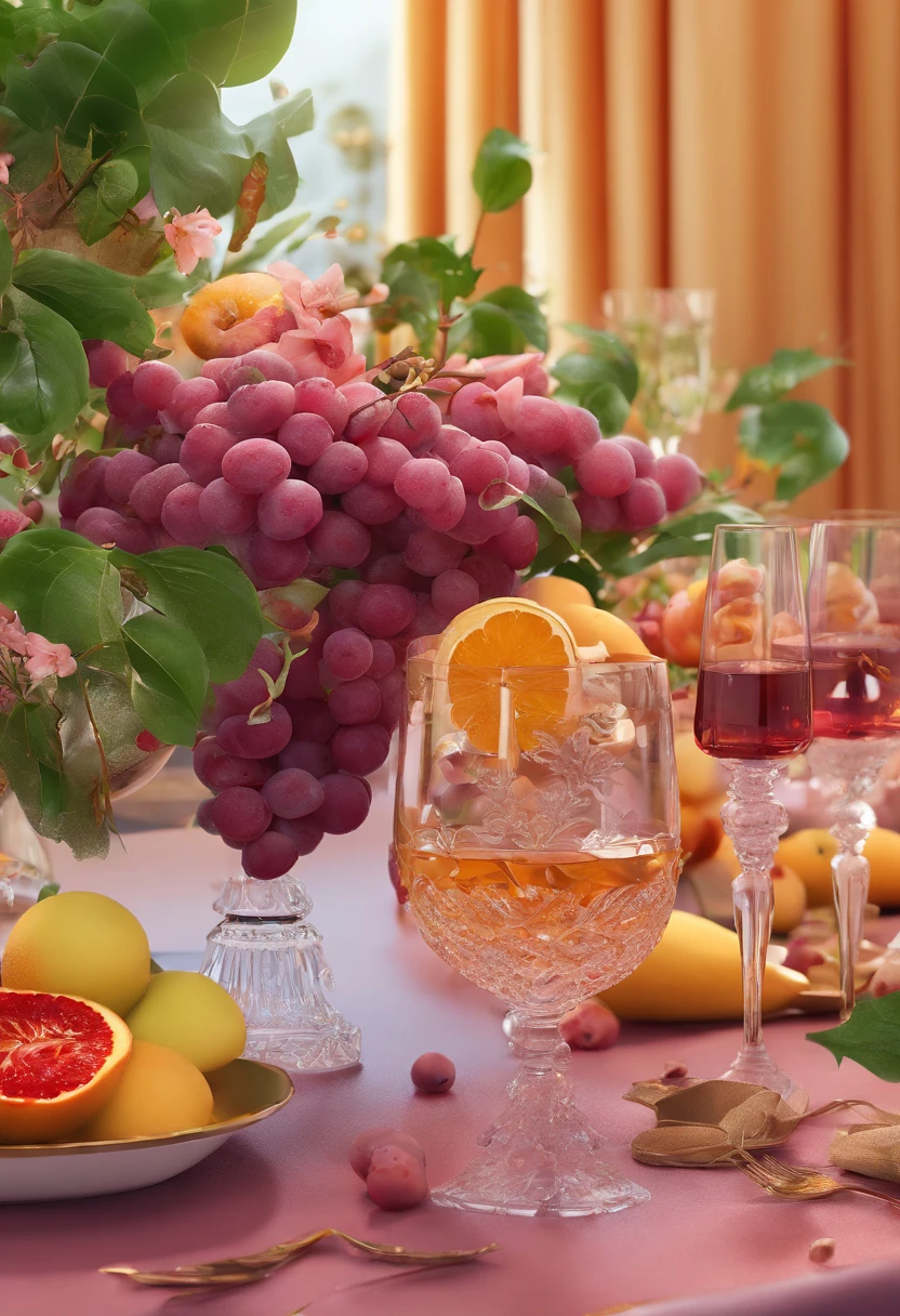 (Best quality,4K,8K,A high resolution,Masterpiece:1.2),Ultra-detailed,Surprisingly beautiful table set,Delicate flower arrangement,Natural lighting,Golden candlelight,Soft and warm color palette,Inviting atmosphere,Homely,Simple and elegant,Harmonious composition,Meticulous attention to detail,subtletextures,Tastefully furnished,Transparent glassware,Delicious fresh fruit,Crystal clear water droplets on the fruit,Crispy and juicy,Refreshing,Lovely floral scent and fruit,Exquisite porcelain dinner plate,Smooth and glossy surface,Vintage silverware,Exquisite and gorgeous design,Romantic and cozy atmosphere,Relaxing and comfortable,serenity and calm,Healthy and inviting,Elegant pleats and curtains,Rich brown color,Subtle shadows and highlights,Soft natural lighting,Soothing and peaceful atmosphere,Purple flower ornaments,Delicate buds and flowers,a faint fragrance in the air,The petals are beautifully arranged,Soft and natural texture,A warm and inviting color palette,Authentic and rustic elements,champagne，Crystal wine glasses,Bubbles that surface,Candlelight reflection,glittery，Cleavage is seductive,Green leaves and green leaves,Add a touch of freshness and nature,green plant，Grapes and mangoes,Crystal fruit bowl，Symbolizes abundance and vitality,A feast for the senses.in a panoramic view，deep colour