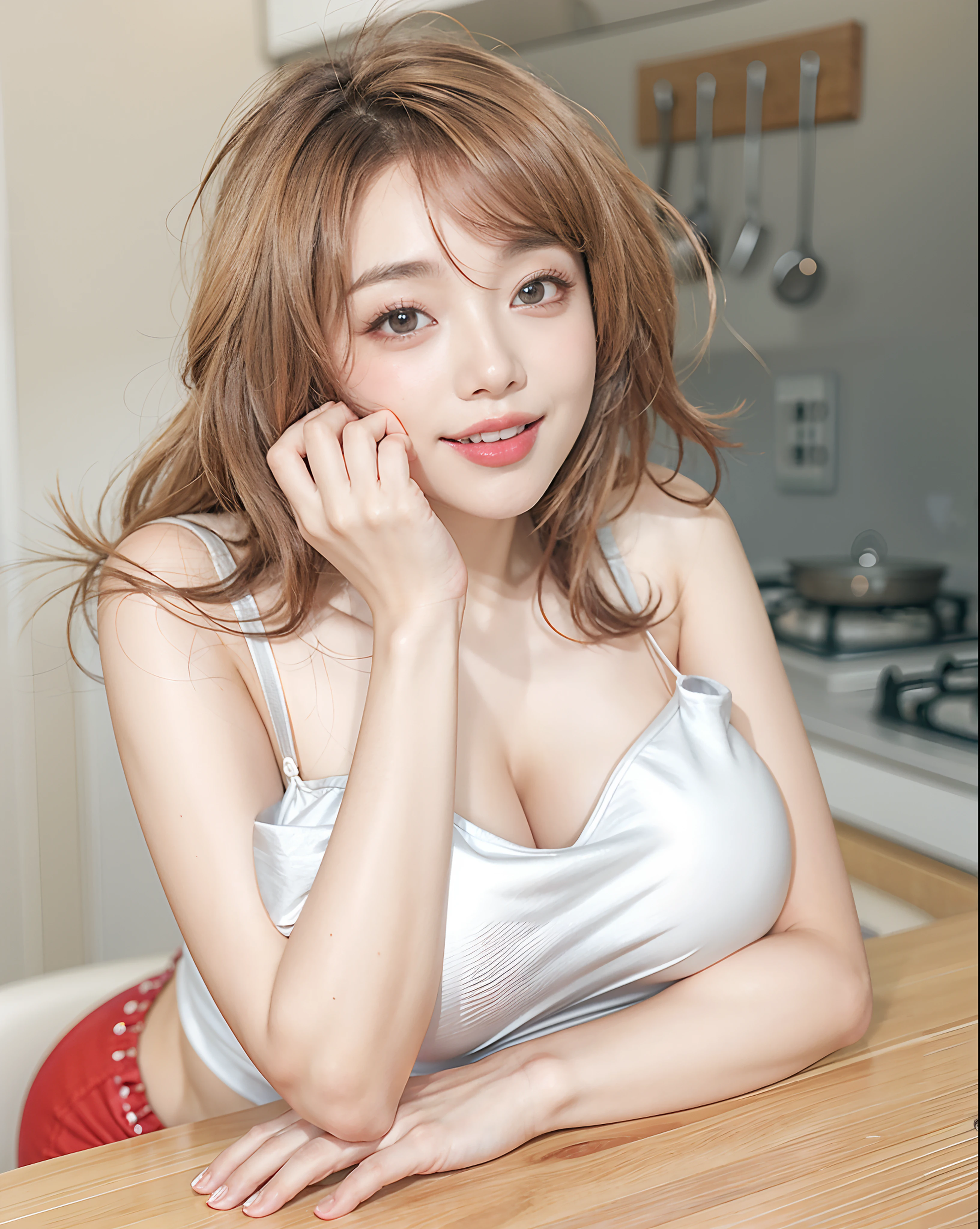 Photorealistic, best quality, high res, meticulous detail, a hot beautiful woman in modern kitchen table, big breast, big hips, long legs, sexy, blushing face, embarrassed, smiling, mouth opened, grey background color