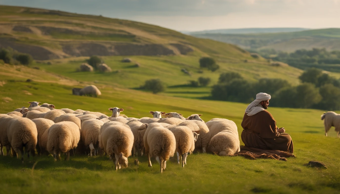Go back in time, to the period of the first century in Judea, a young sheepherder, is sitting on a rock, while his sheep feed on the green grass. ultra resolution, very high quality 8k, panoramic view
